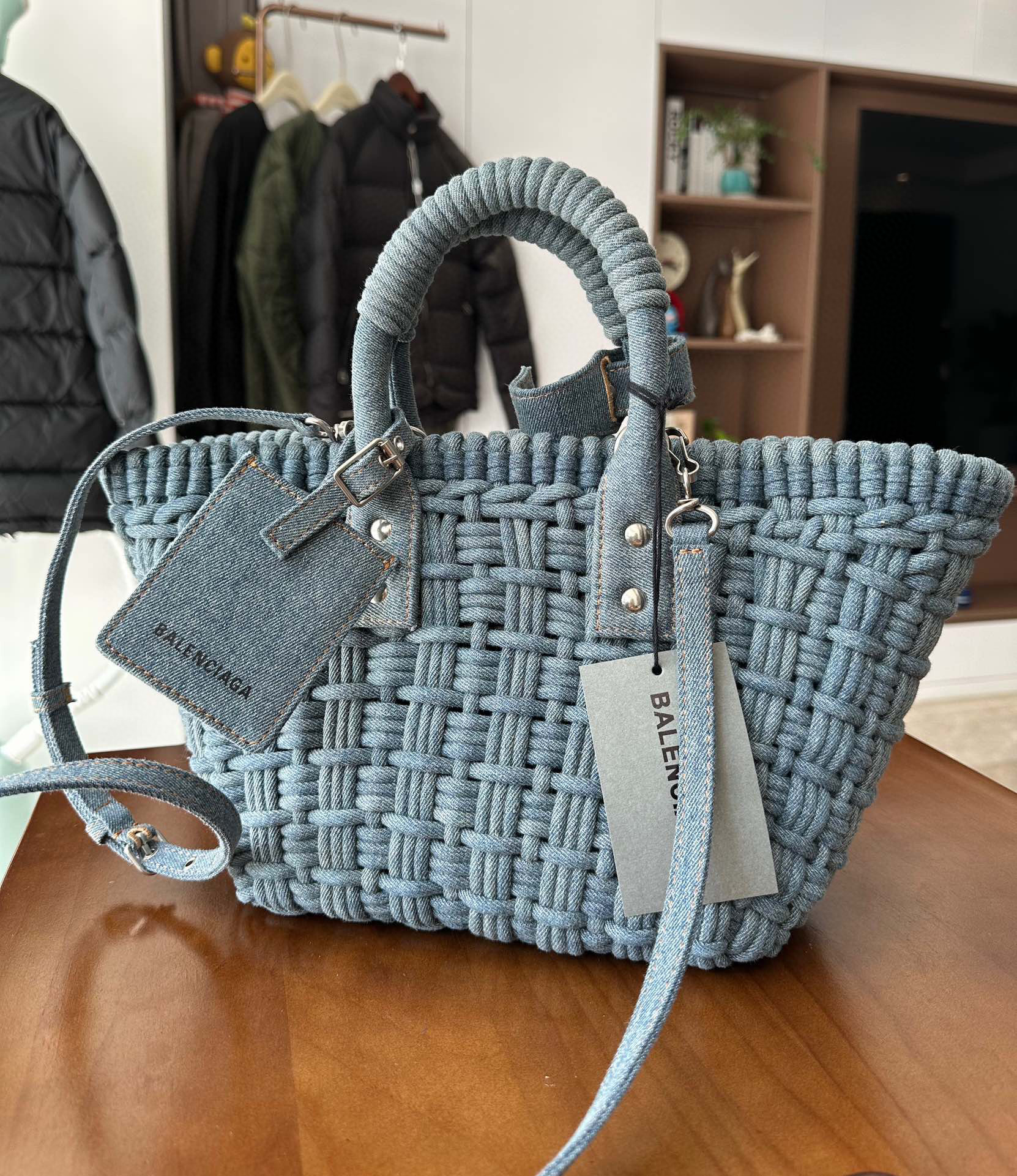 NIGO Balenciaga Women's Blue Washed Brushed Removable Shoulder Strap Cowboy Vintage Woven Ultra Small Handbag Ngvp #nigo7259