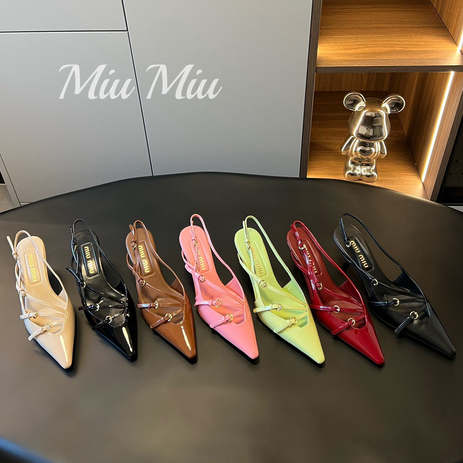 NIGO MiuMiu Women's Cowhide Fine Heel Pointed High Heels Shoes Patent Leather Slingbacks With Buckles #nigo97294
