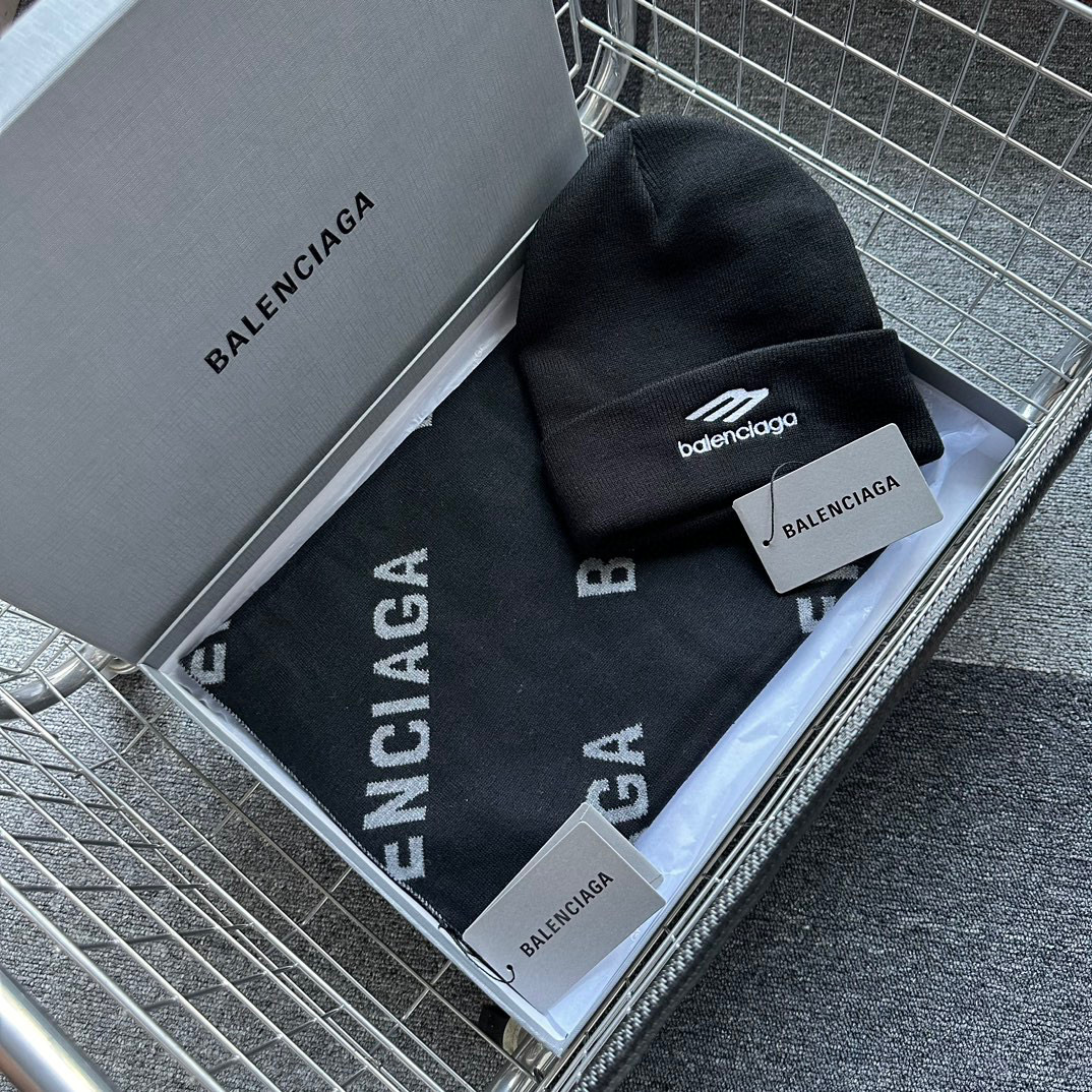NIGO Balenciaga Men's Knit Skiwear 3b Sports Icon Beanie In Black Allover Logo Macro Scarf In Black Set Suit #nigo97316