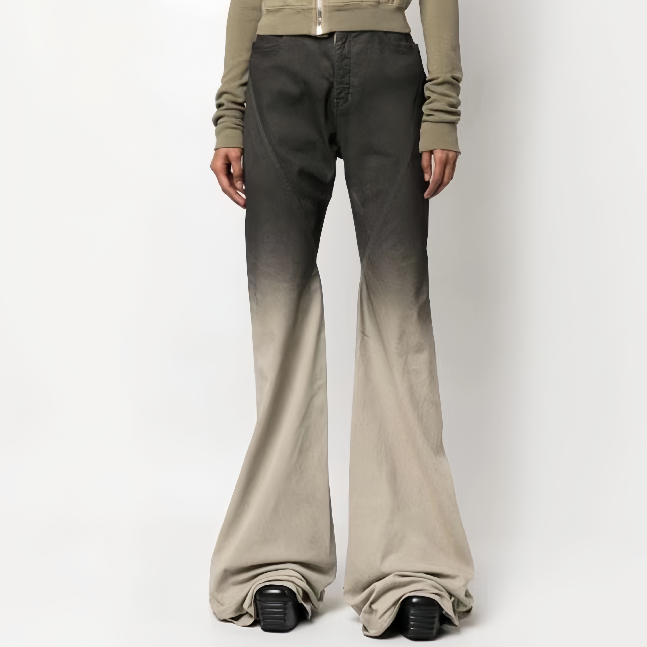 NIGO Rick Owens Men's Cotton Casual Zipper Black Gradient Skinny Wash Denim Flare Pants Ngvp #nigo7286