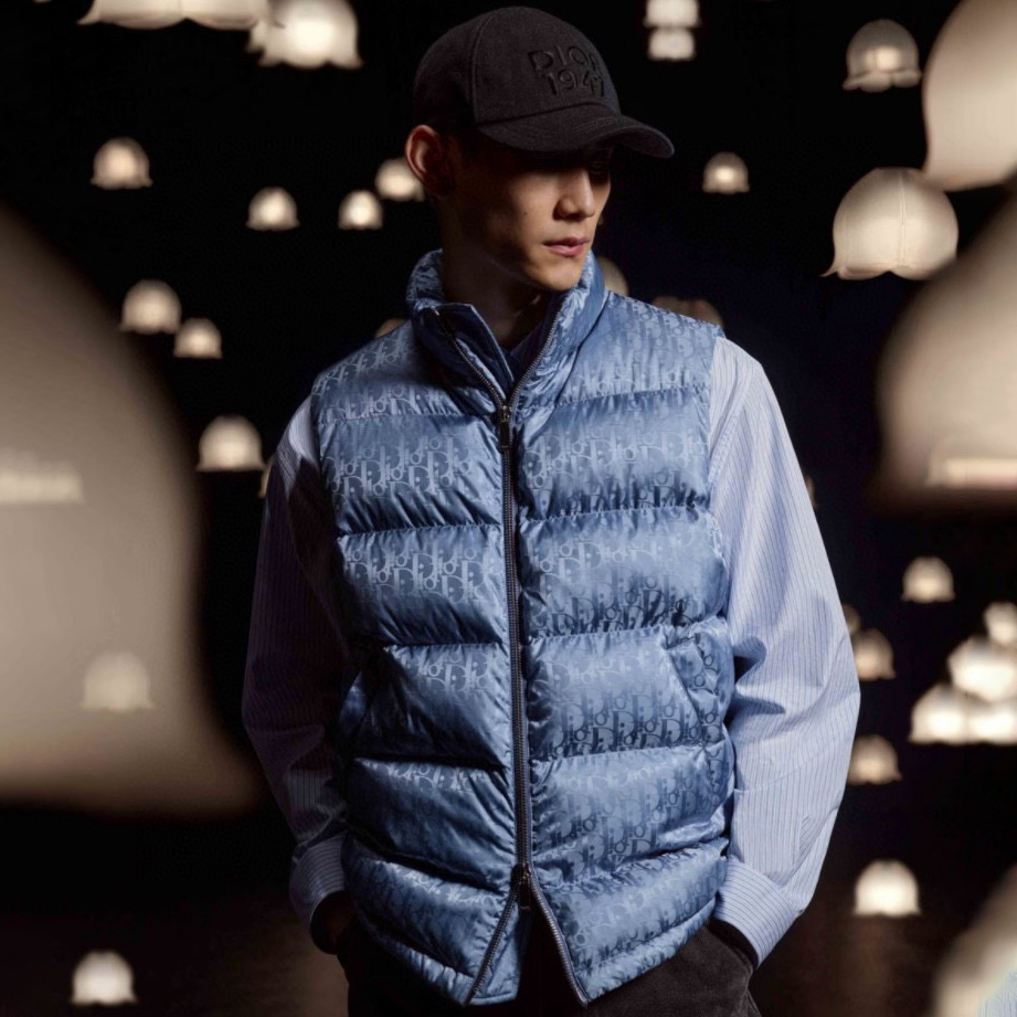 NIGO Dior Men's Winter Blue Zip Lapel Down Long Sleeve Jacket Stand Collar Sleeveless Puffer Down Vest #nigo97389