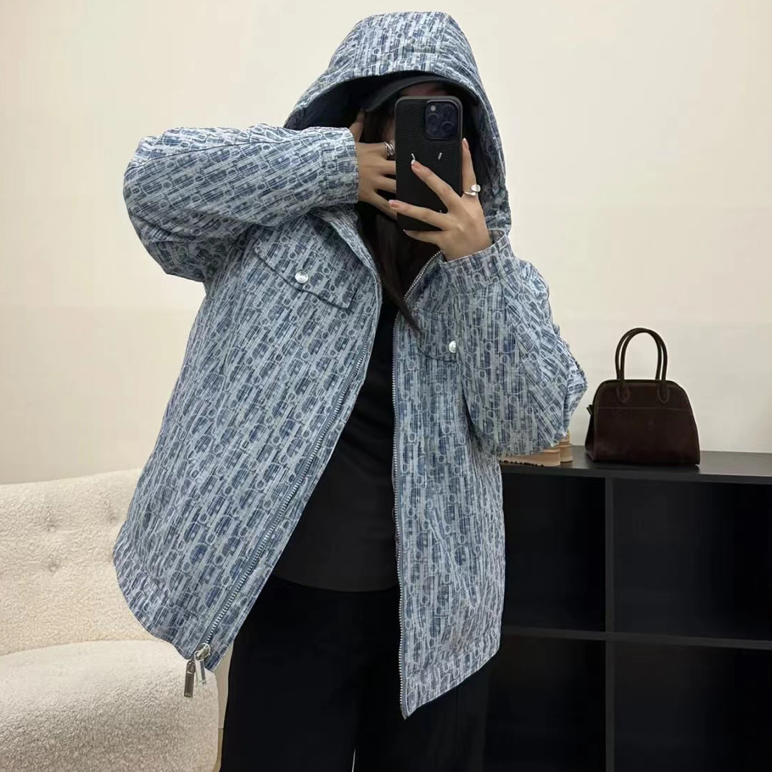 NIGO Dior Men's Winter Logo Full Print Denim Zip Hooded Puffer Down Jacket #nigo97417