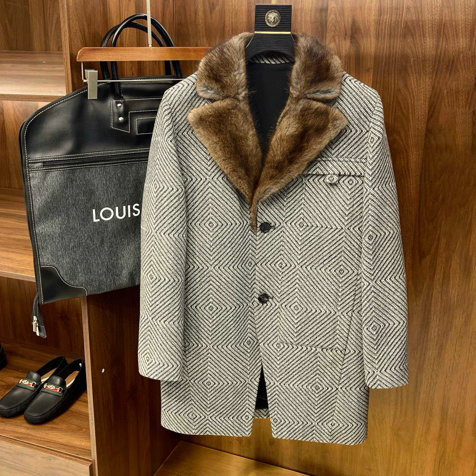 NIGO Louis Vuitton Men's Winter Cashmere Collar Wool Geometric Pattern Single-Breasted Jacket Coat #nigo97436