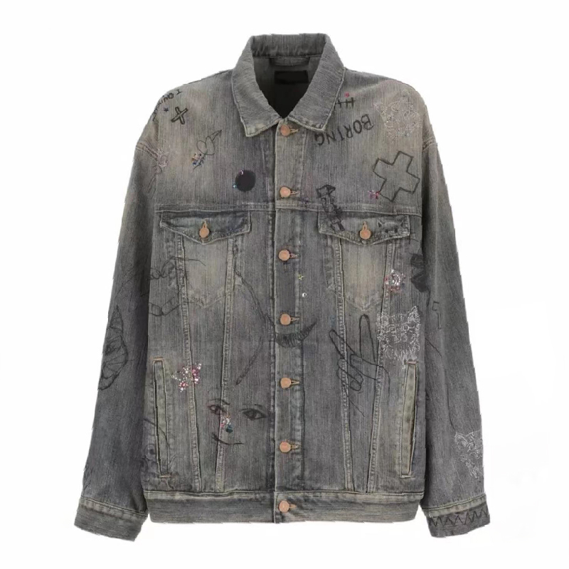 NIGO Balenciaga Men's Autumn And Winter High Street Graffiti Printed Loose Fitting Denim Jacket With Button Up Collar Ngvp #nigo7258