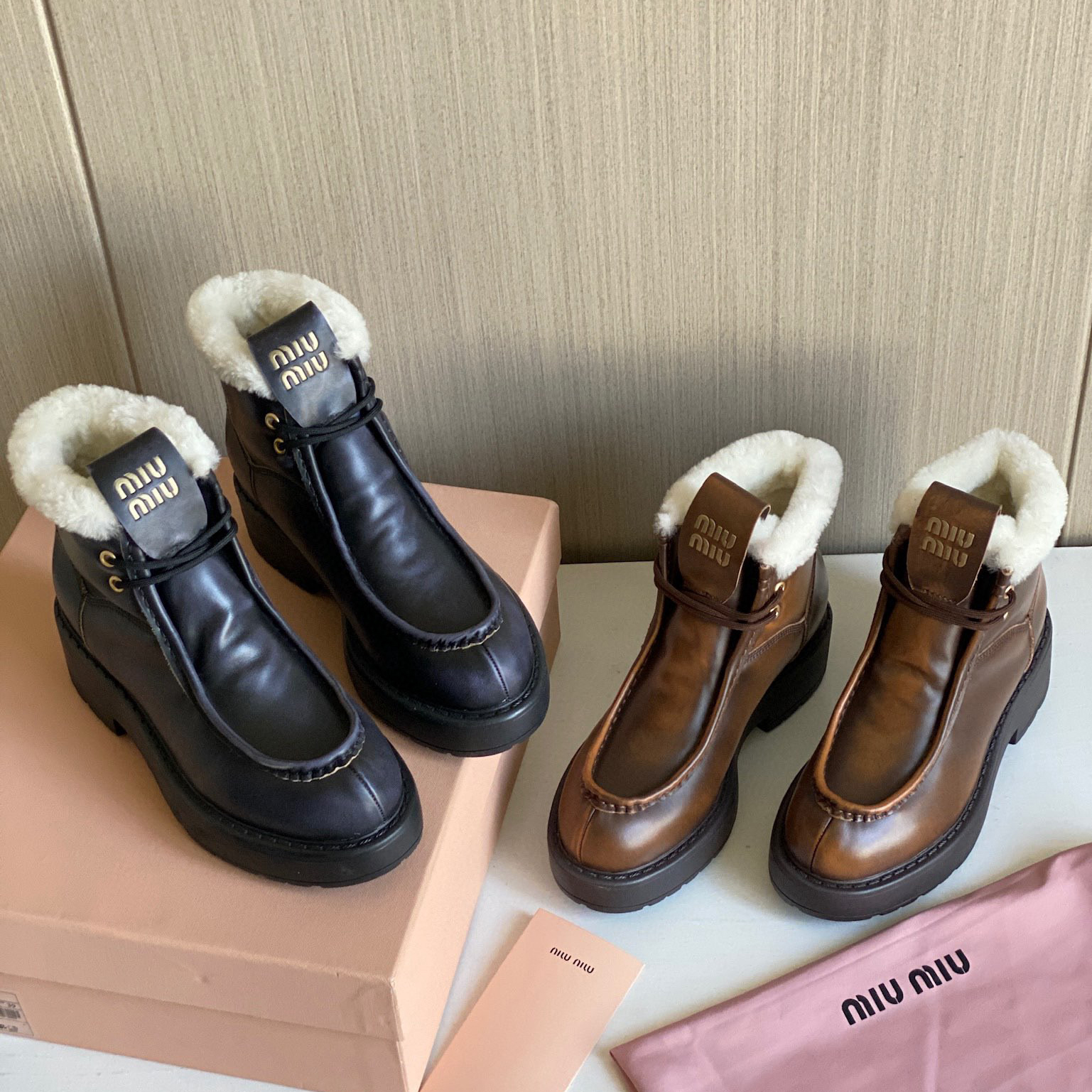 NIGO MiuMiu Women's Autumn And Winter Warm Wool British Style Lace-up Highbang Loafers Shoes #nigo97428