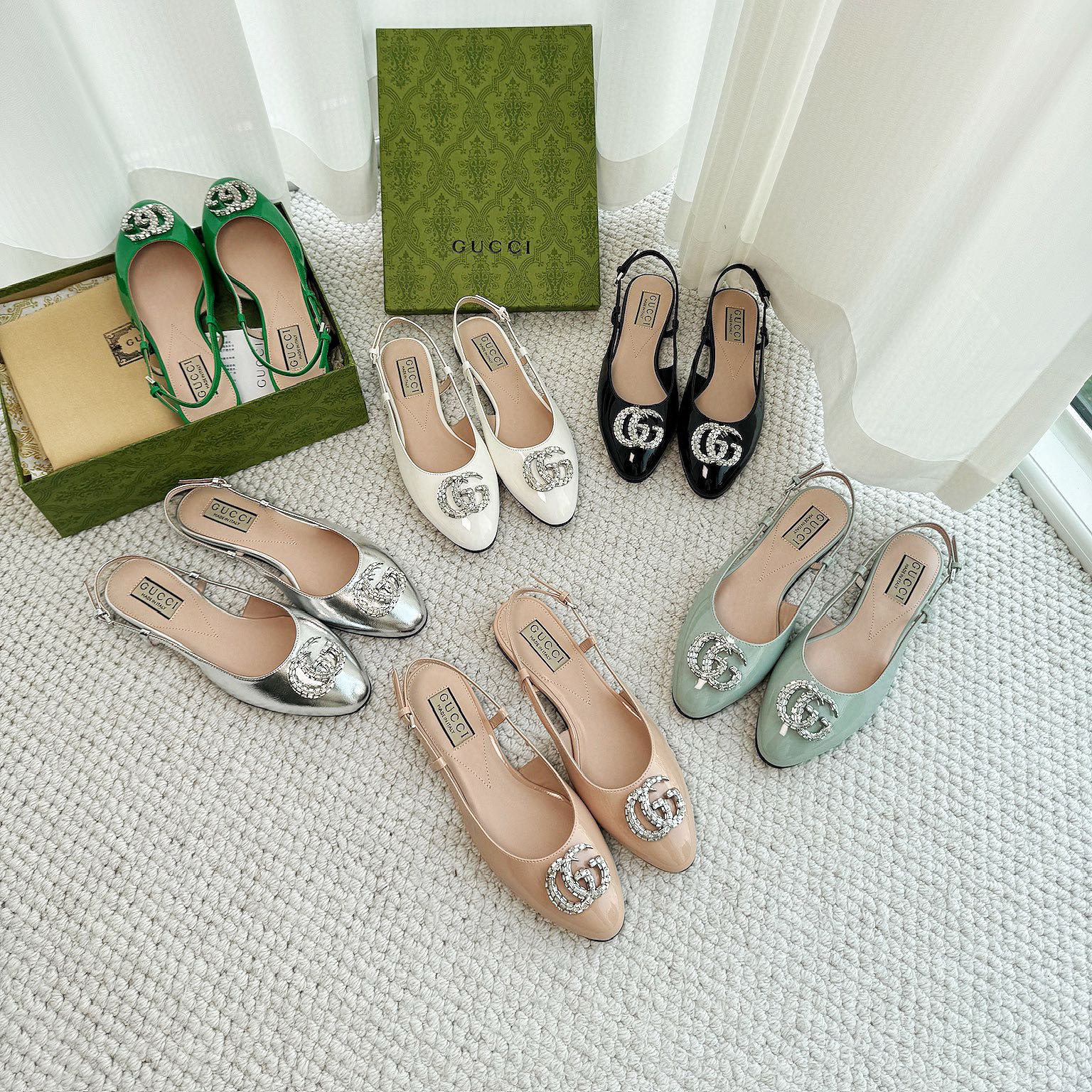 NIGO Gucci Women's Ballerina With Double G Round Toe Rhinestone Leather Sandals Shoes #nigo97468