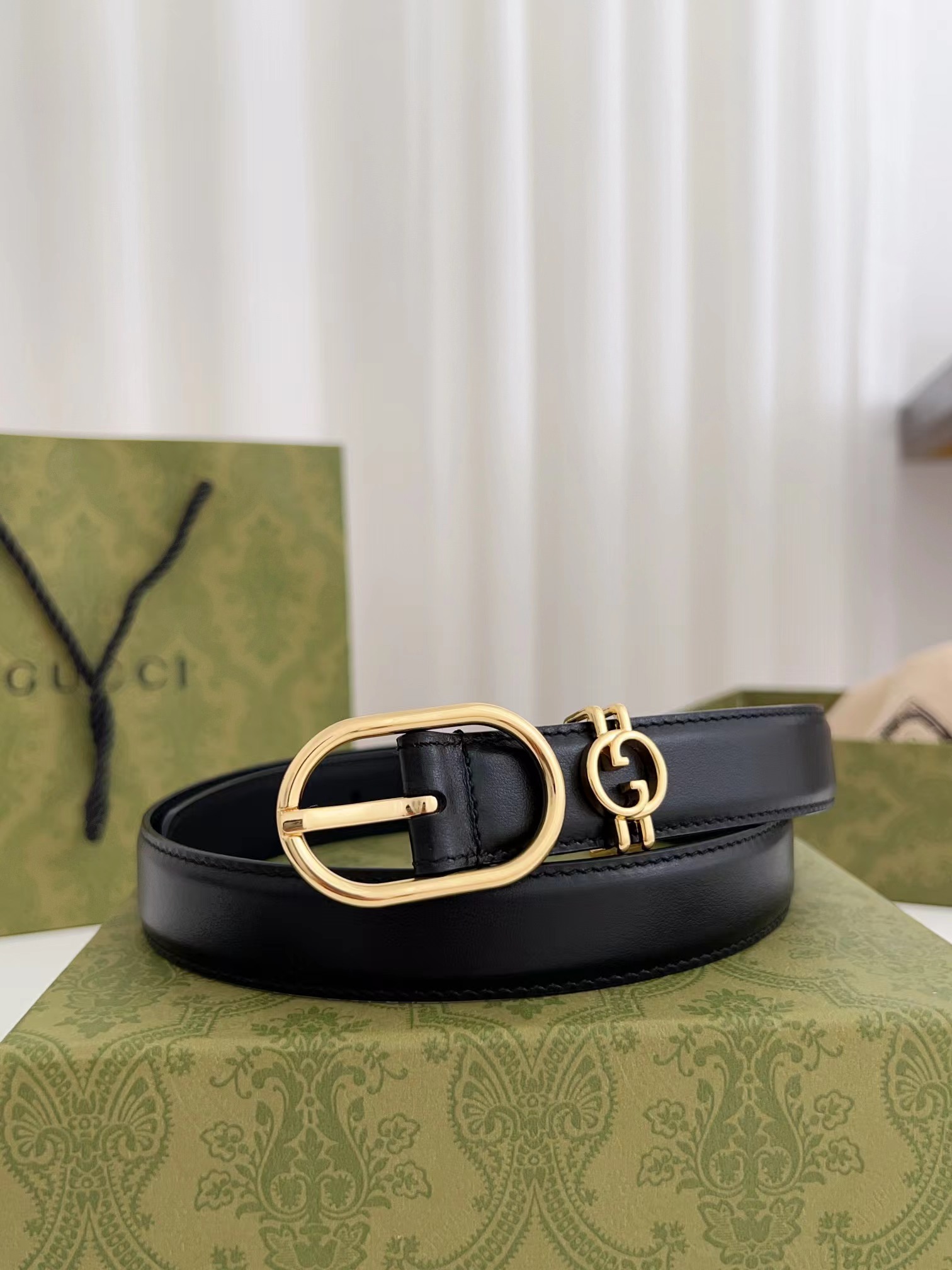 NIGO Gucci Women's Leather Belt With Round Interlocking G  Width 2.5cm #nigo97479