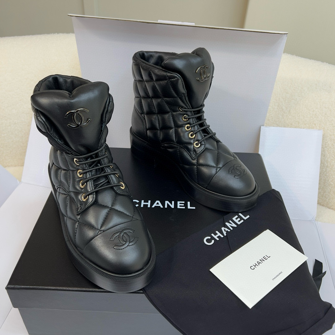 NIGO Chanel Women's Winter Black Leather High Top Lace Up Boots Shoes #nigo97475