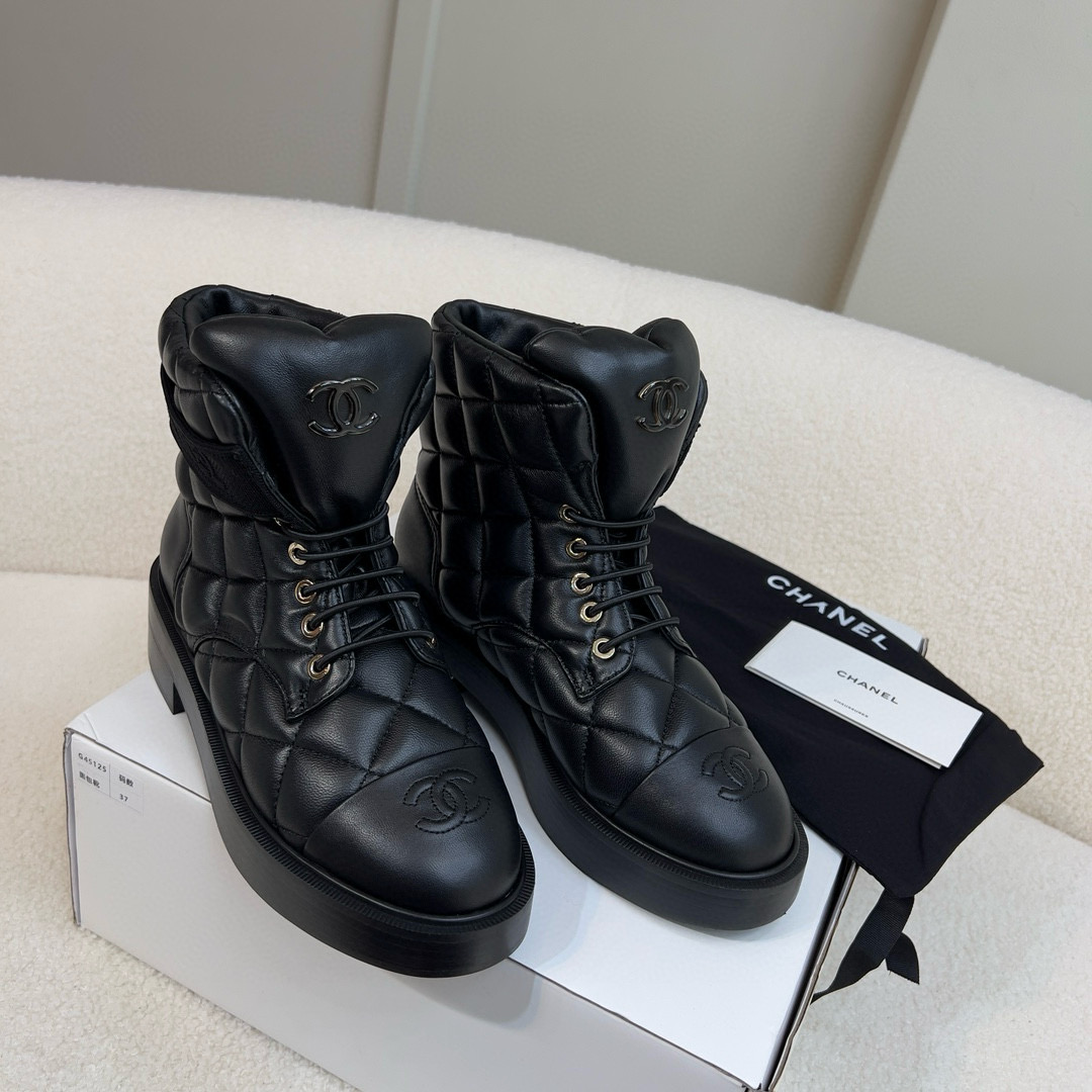 NIGO Chanel Women's Winter Black Leather High Top Lace Up Boots Shoes #nigo97475