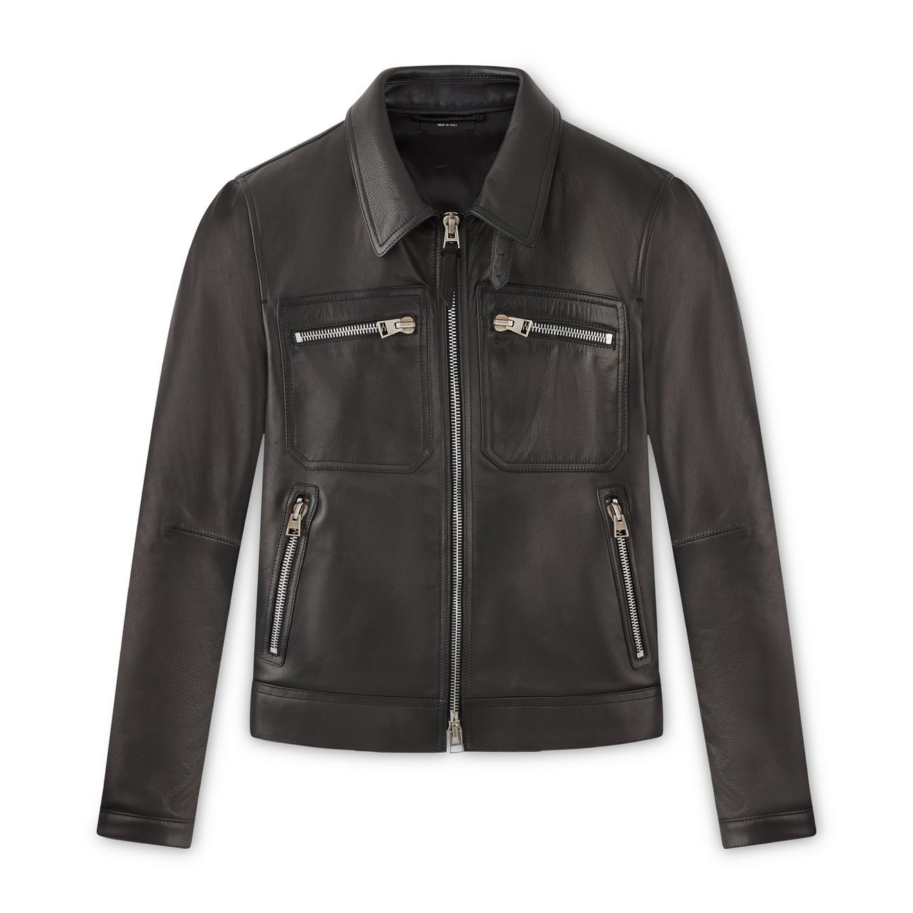 NIGO Tom Ford Men's Icon Leather Zip Blouson Winter Black Leather Zip Lapel Biker Jacket #nigo97484