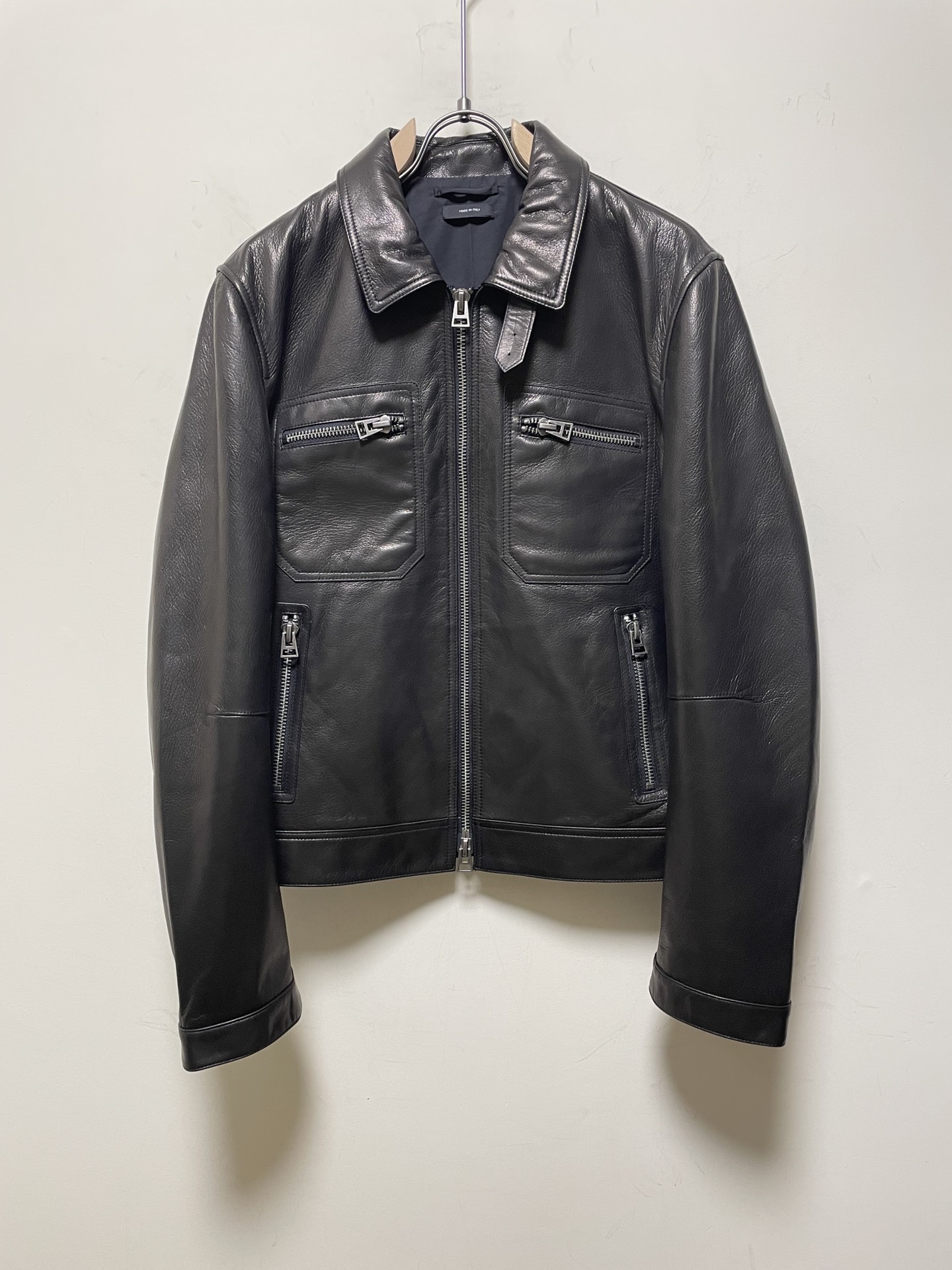 NIGO Tom Ford Men's Icon Leather Zip Blouson Winter Black Leather Zip Lapel Biker Jacket #nigo97484