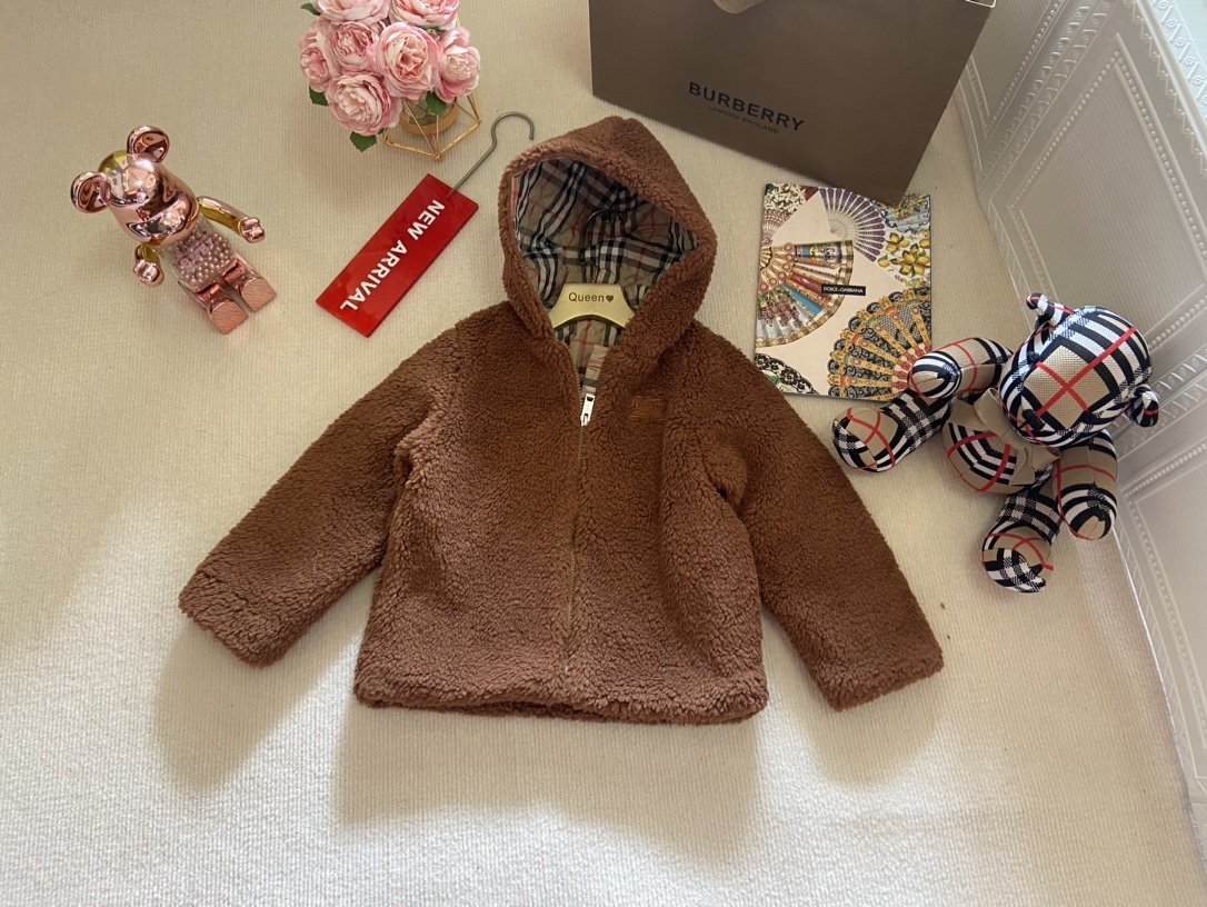 NIGO Burberry Kids Autumn and Winter Solid Color Logo Embroidery Zipper Hooded Warm Fit Long Sleeve Lamb Fur Coat #nigo31231