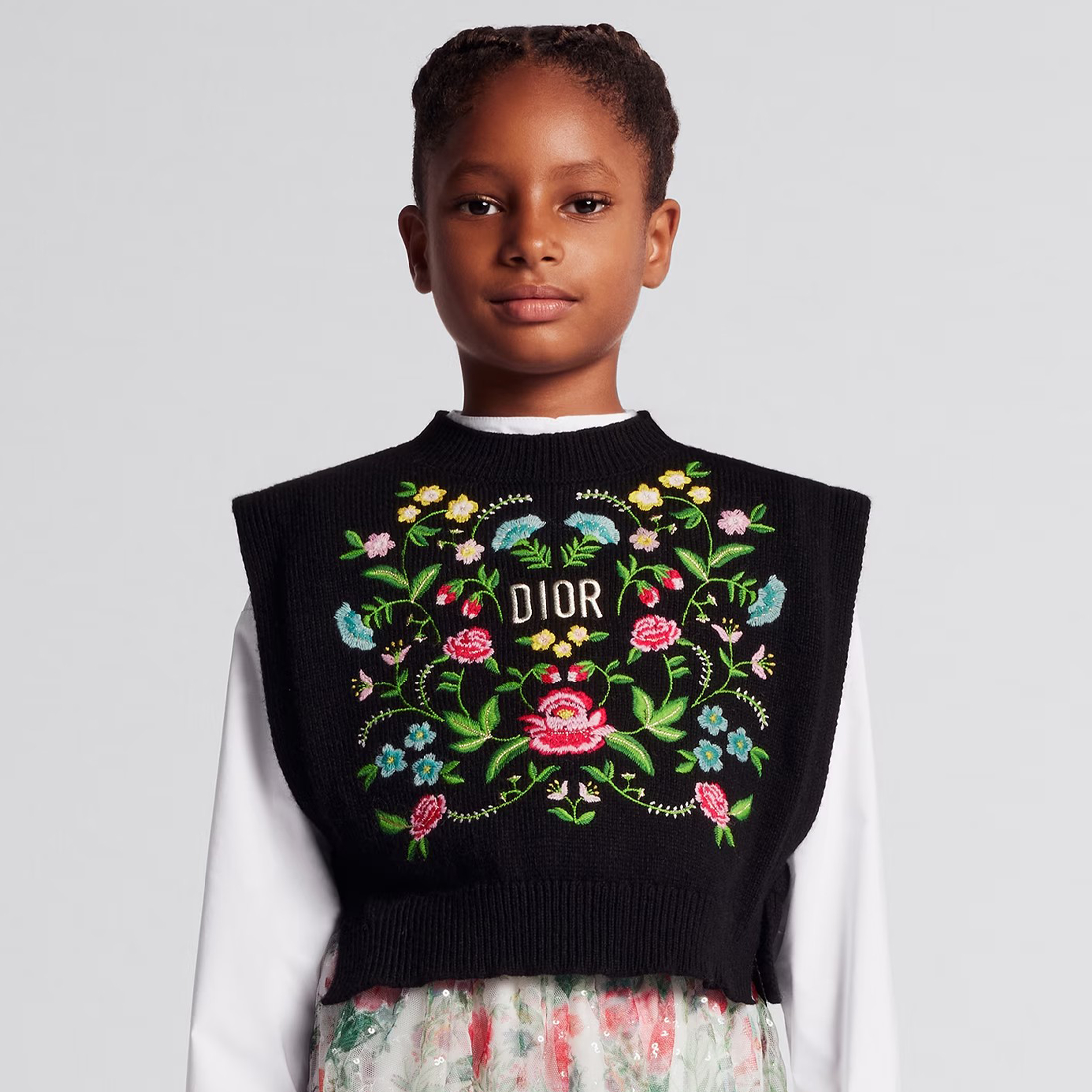 NIGO Dior Kids Fall Winter Black Wool And Cashmere Blend Floral Monogrammed Embroidered Sleeveless Knit Sweater Vest #nigo31227