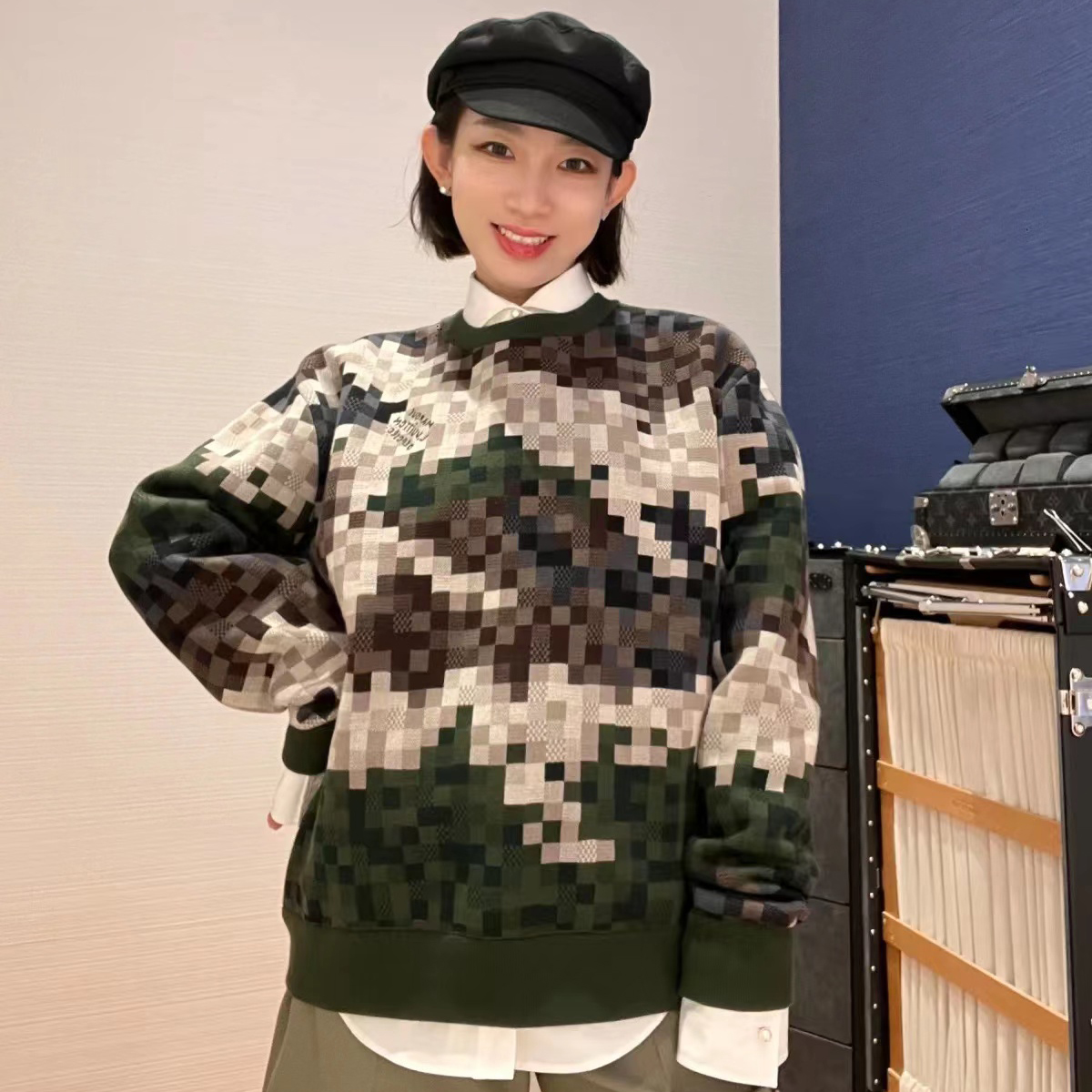 NIGO Louis Vuitton Co-ed Autumn/Winter Camouflage Green Checkerboard Wool Knit Sweater #nigo97499
