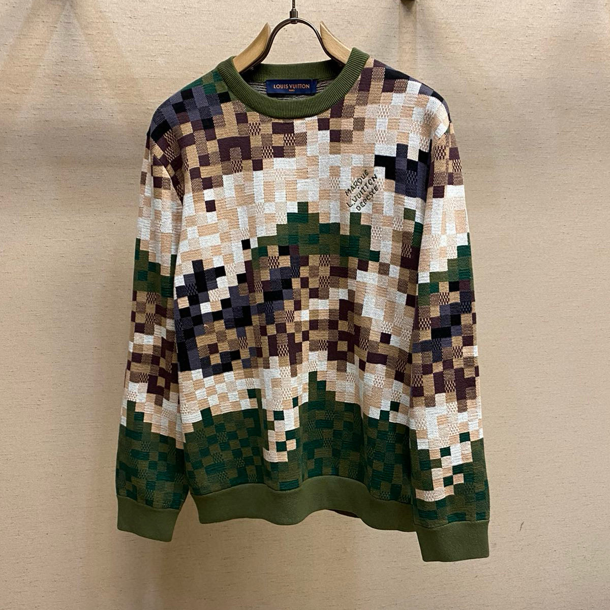 NIGO Louis Vuitton Co-ed Autumn/Winter Camouflage Green Checkerboard Wool Knit Sweater #nigo97499