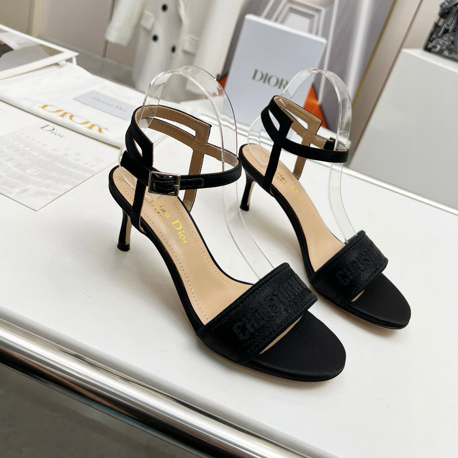 NIGO Dior Women's Summer Black Embroidered Leather Heels Sandals Shoes #nigo97537