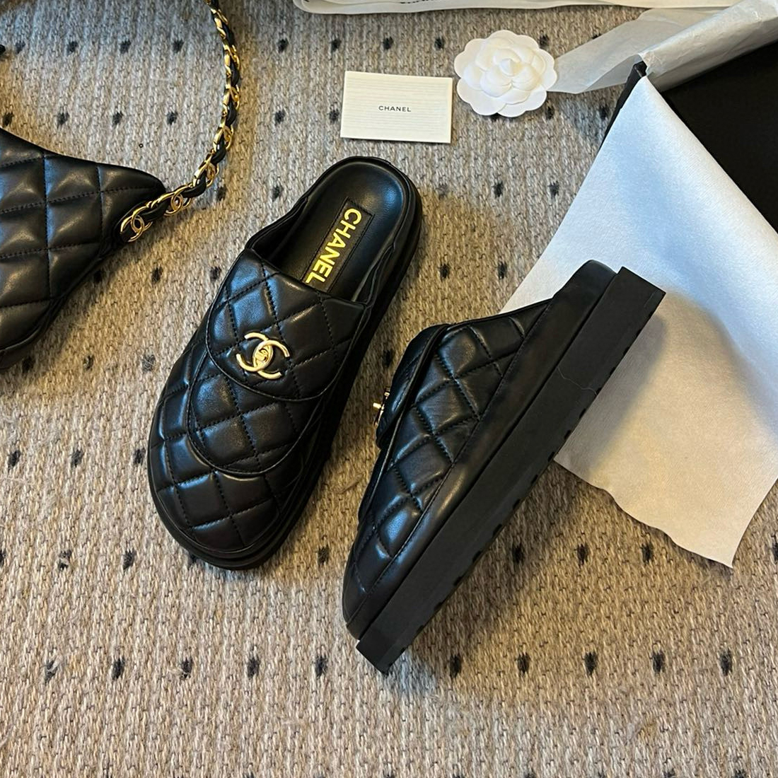 NIGO Chanel Women's Summer Black Leather Thick Sole Bread Slippers Shoes #nigo97563