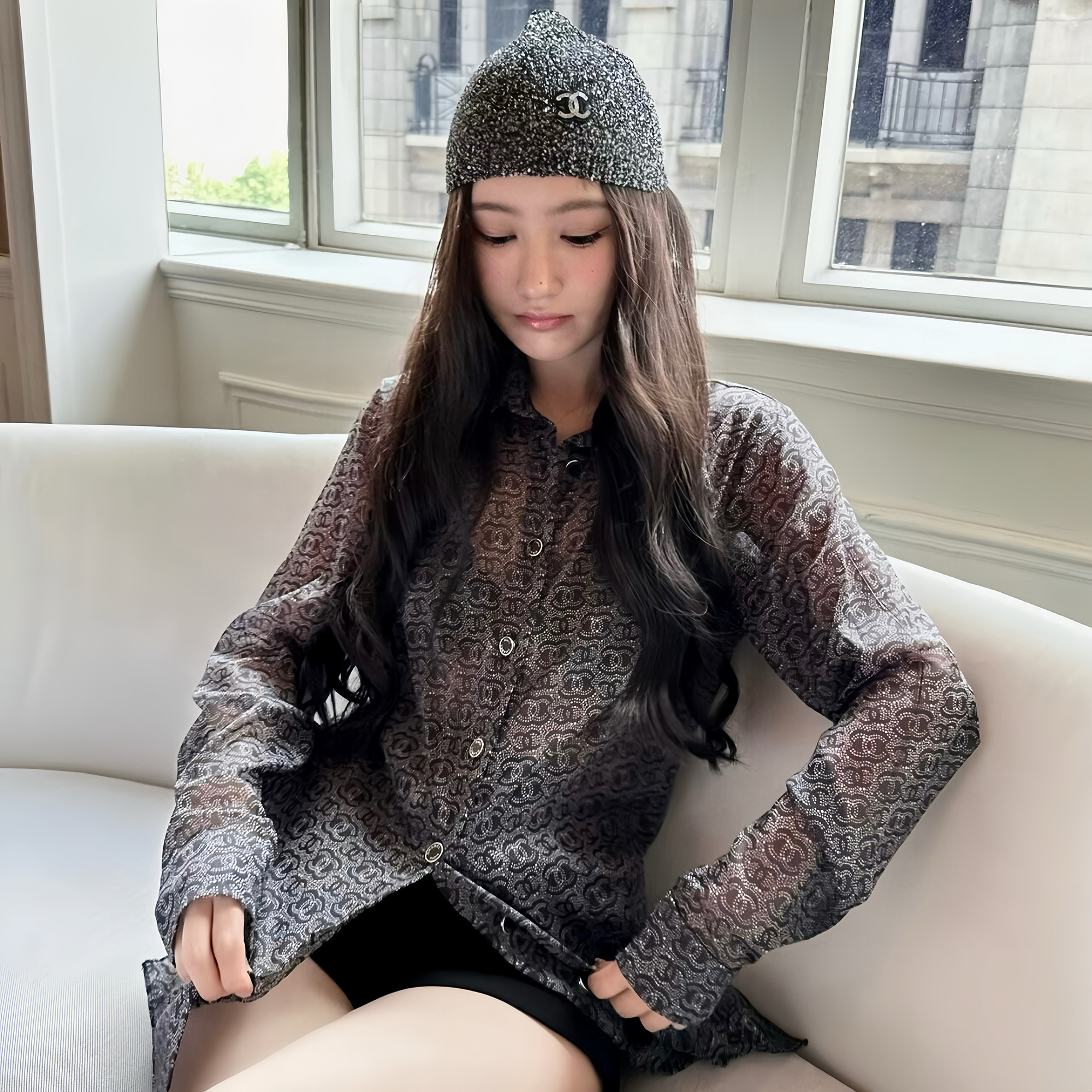 NIGO Chanel Ladies Spring Summer Black Silk Lapel Polka Dot Long Sleeve Shirt #nigo97578