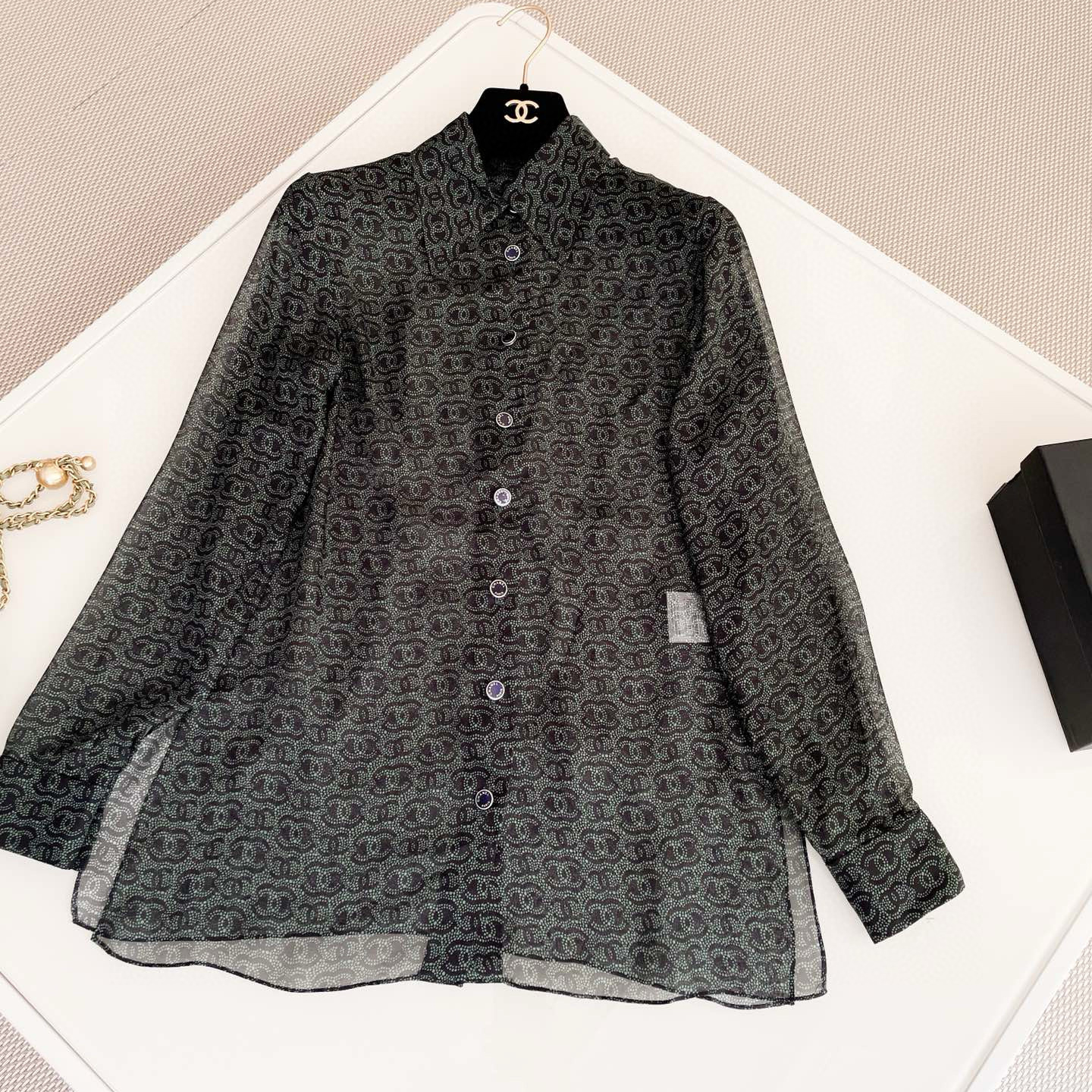 NIGO Chanel Ladies Spring Summer Black Silk Lapel Polka Dot Long Sleeve Shirt #nigo97578