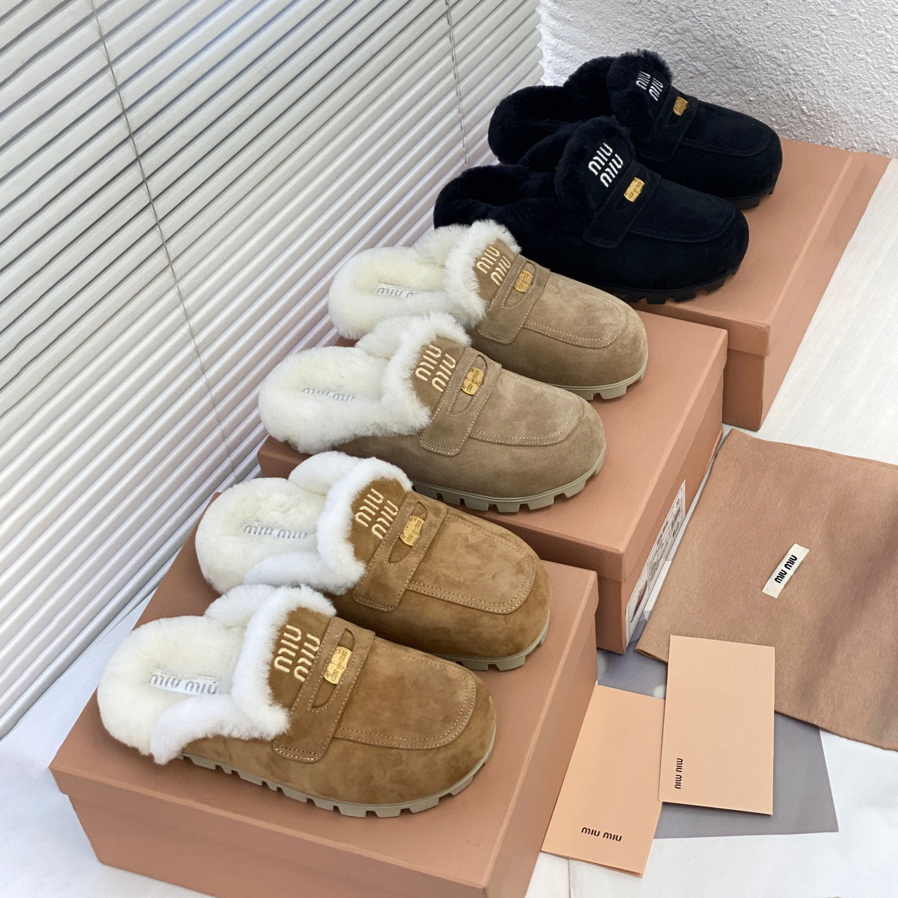 NIGO MiuMiu Women's New Warm Wool Round Toe Thick Sole Birkenstock Mule Half Slippers Shoes #nigo97619