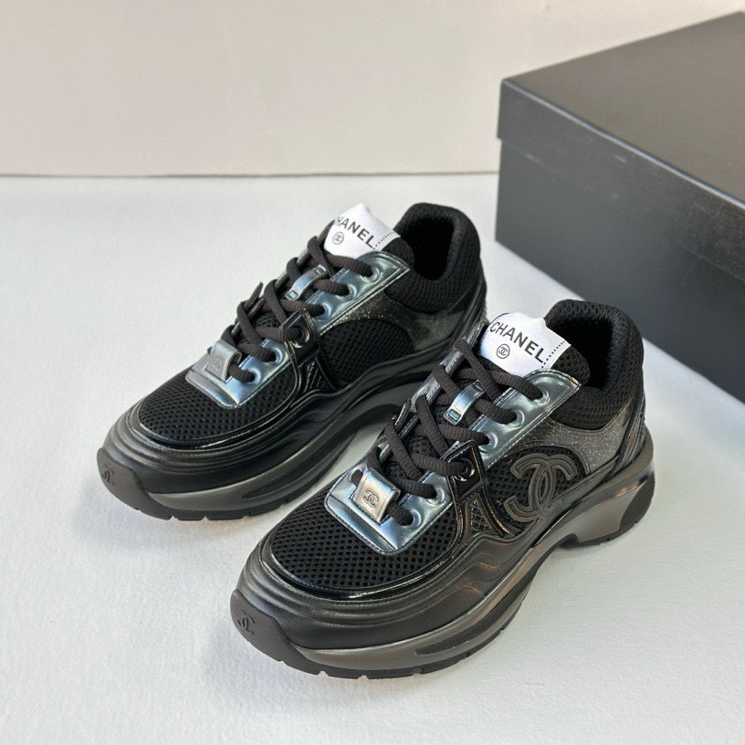 NIGO Chanel Women's Black Cow Leather Breathable Mesh Low Top Sneakers Shoes #nigo97618