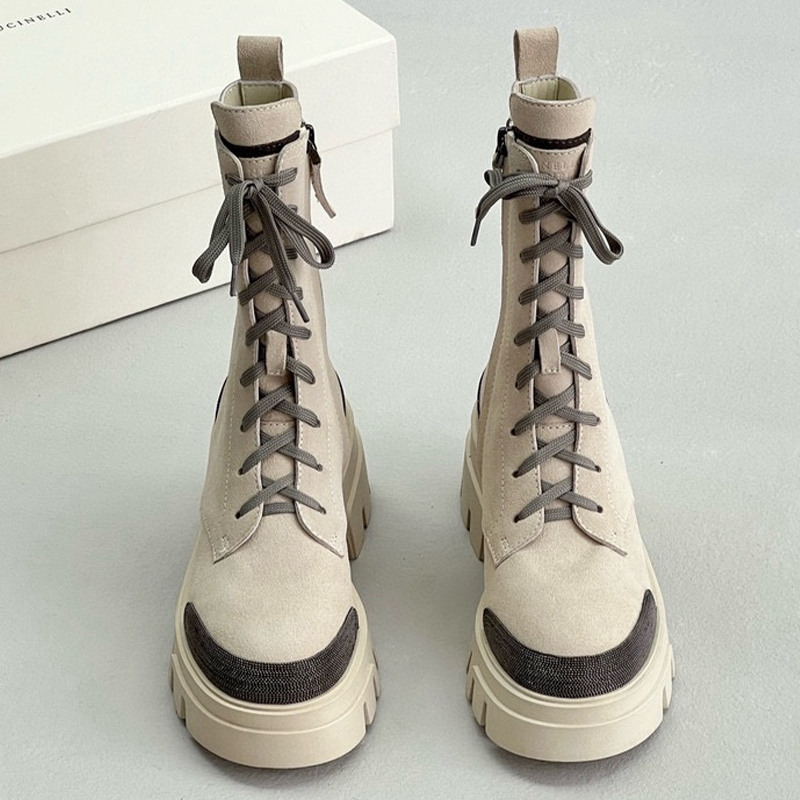 NIGO Brunello Cucinelli Women's Autumn And Winter Fashion Colorblocking Zipper Lace Casual Suede Mid Calf Boots Shoes Ngvp #nigo7394