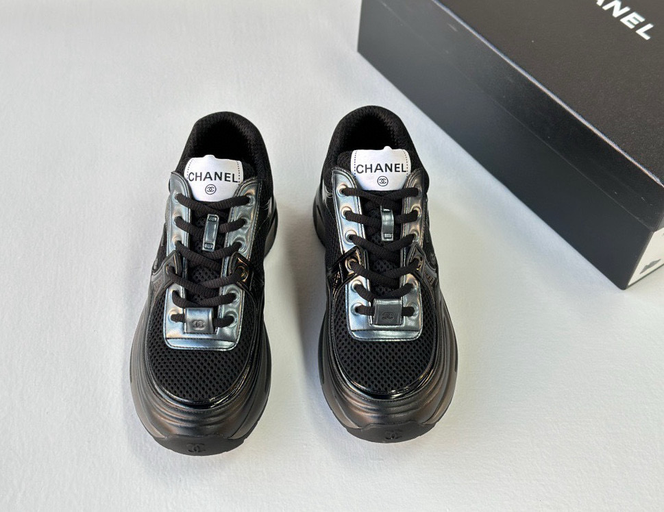 NIGO Chanel Women's Black Cow Leather Breathable Mesh Low Top Sneakers Shoes #nigo97618