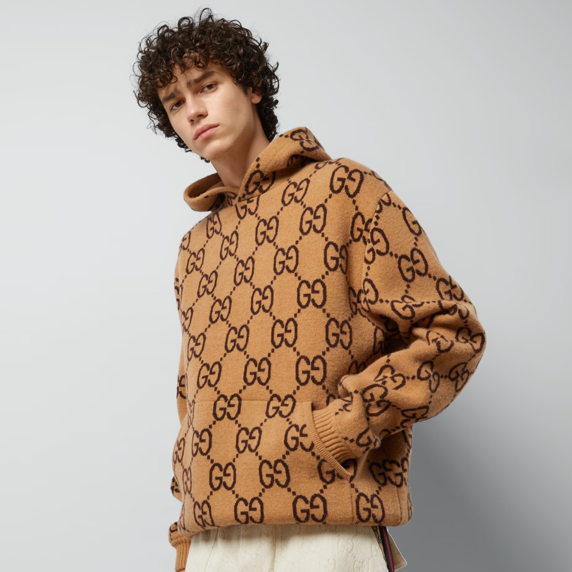 NIGO Gucci Men's Spring/Summer Khaki Logo Print GG Wool Hooded Sweatshirt Pullover #nigo97596