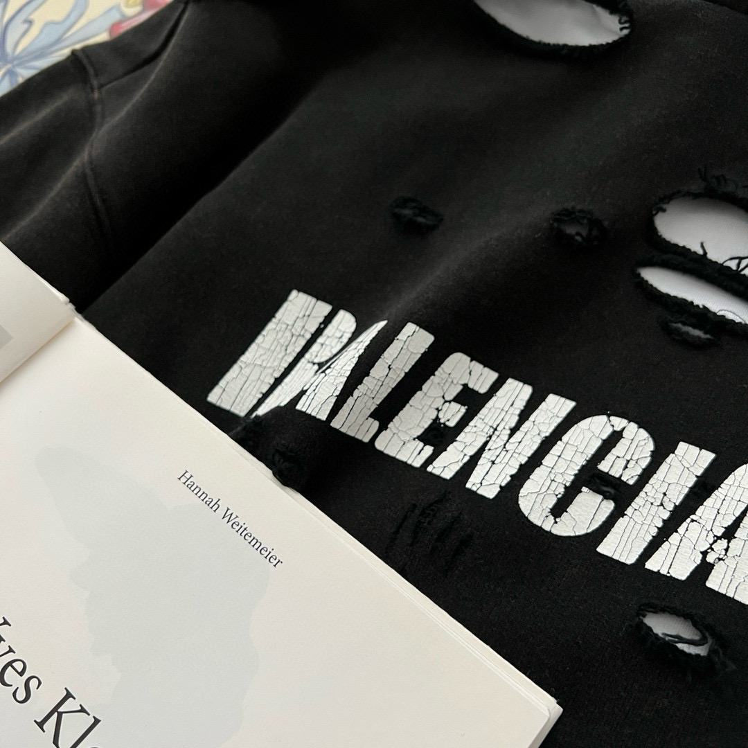 NIGO Balenciaga Men's Summer Black Letter Printed Torn Hooded Sweatshirt Pullover #nigo97624