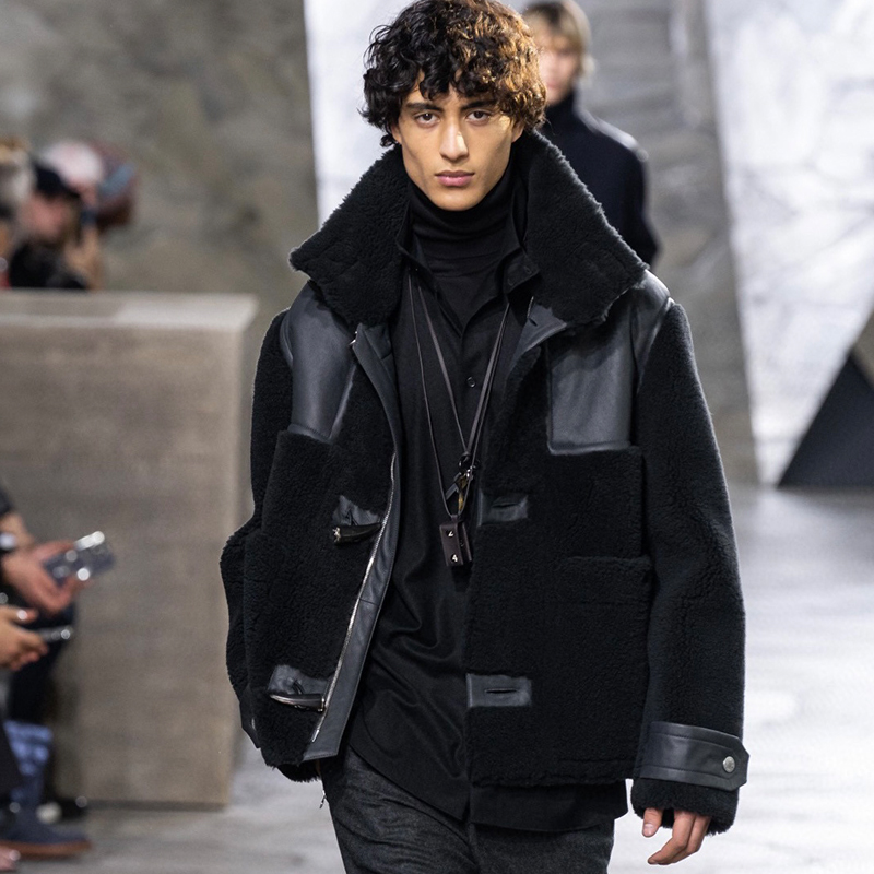 NIGO Hermes Men's Fall And Winter Splicing Casual Stand-up Collar Leather Jacket Zipper Button Coat Long Sleeve Jacket Ngvp #nigo7412