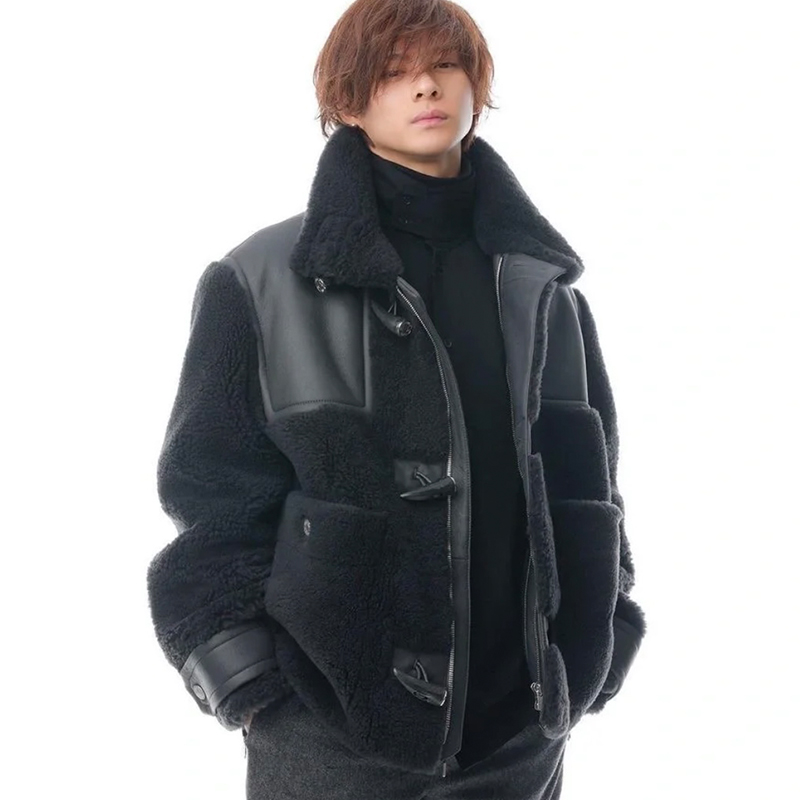 NIGO Hermes Men's Fall And Winter Splicing Casual Stand-up Collar Leather Jacket Zipper Button Coat Long Sleeve Jacket Ngvp #nigo7412