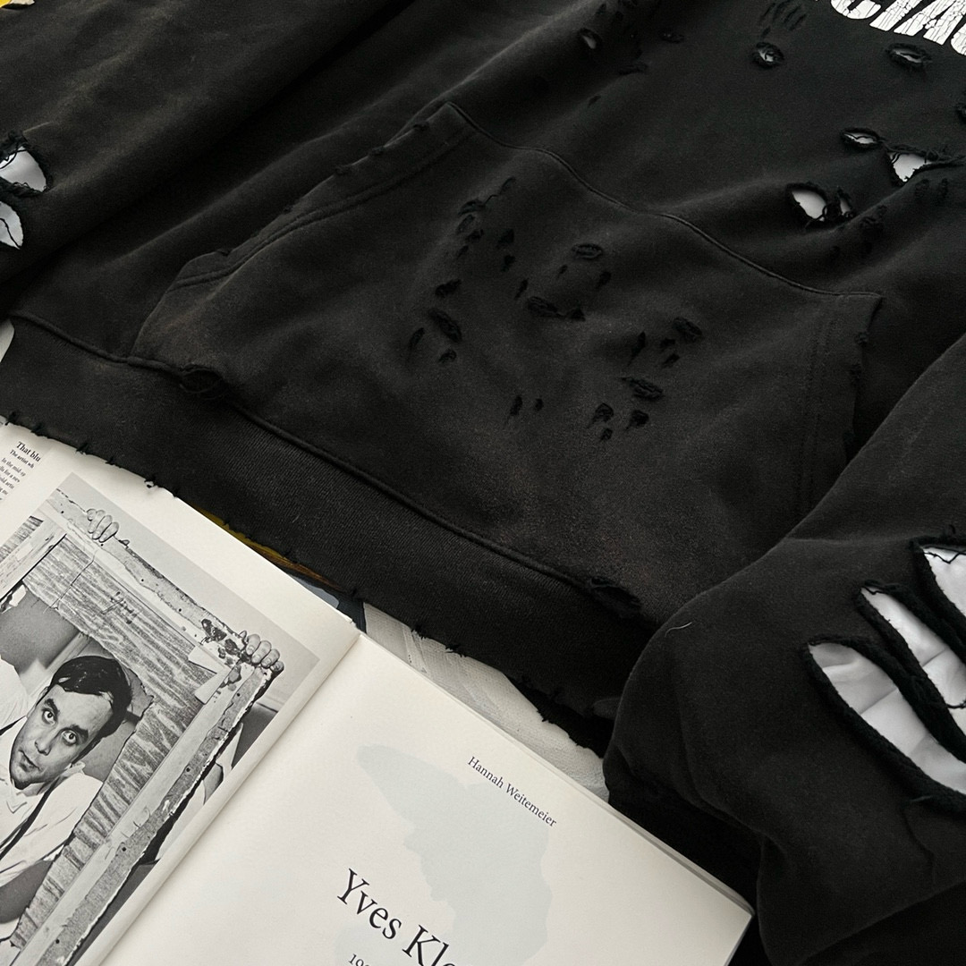 NIGO Balenciaga Men's Summer Black Letter Printed Torn Hooded Sweatshirt Pullover #nigo97624