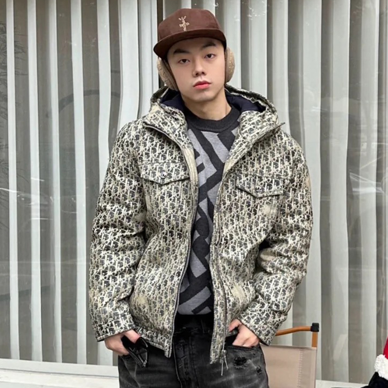 NIGO Dior Men's Winter Logo Jacquard Washed Fabric Denim Hooded Zip Puffer Down Jacket #nigo97663