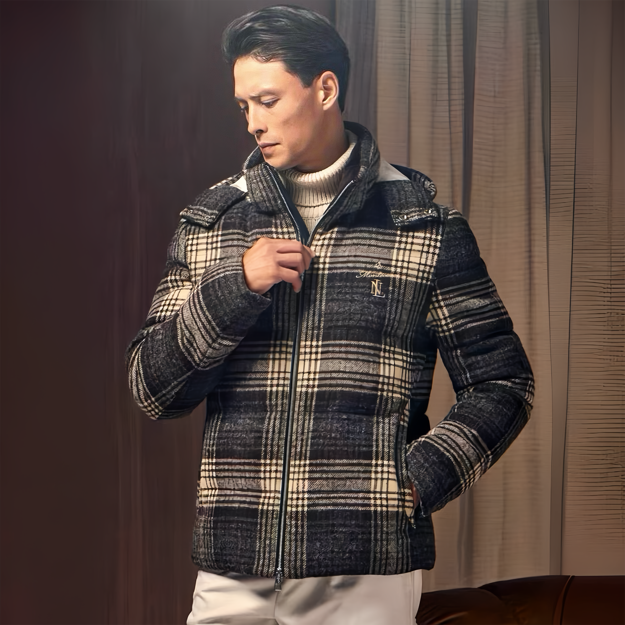 NIGO Montecore Men's Winter Pinstripe Blend Wool Hooded Zip Puffer Down Jacket #nigo97666