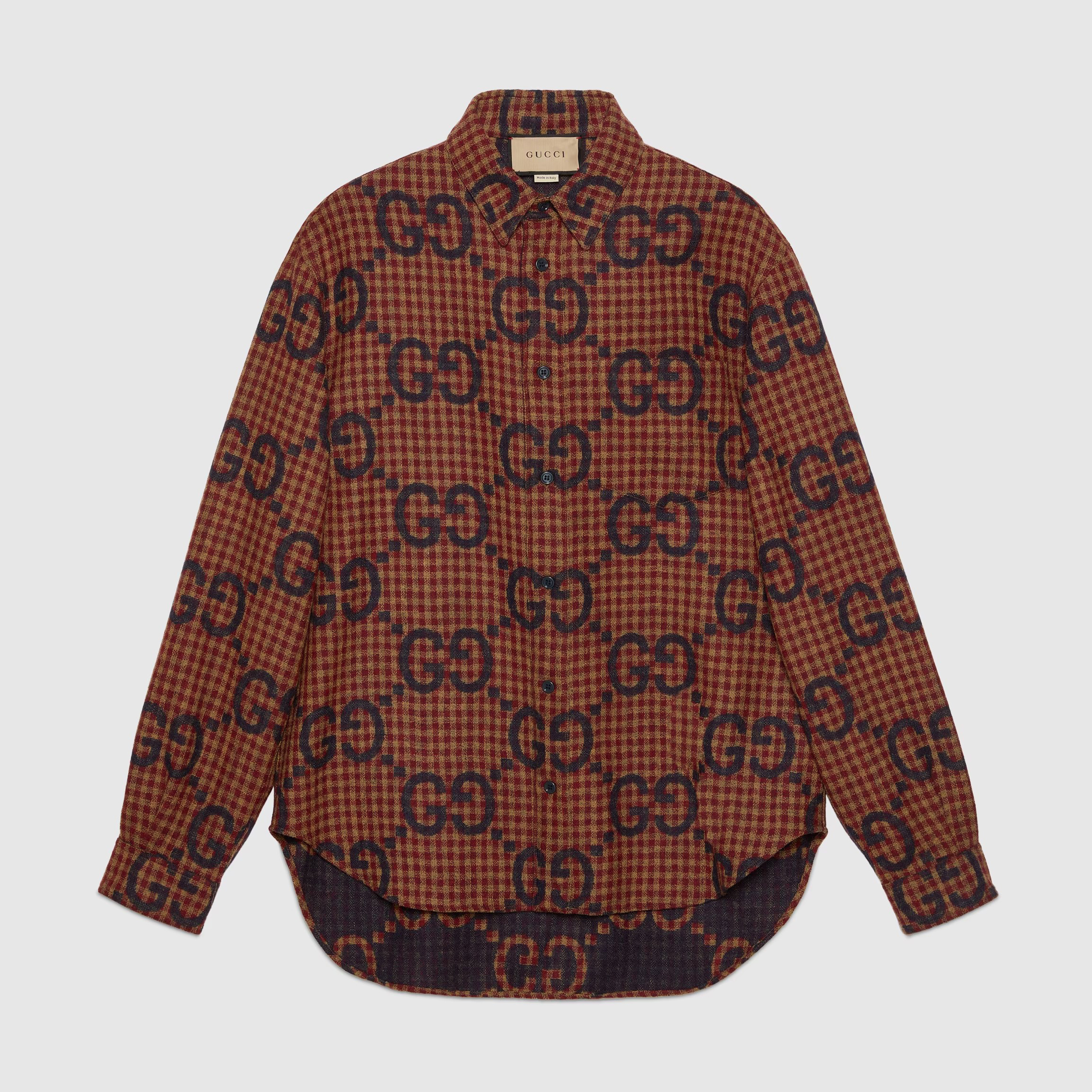 NIGO Gucci Men's Autumn Brown Check Printed Lapel Single Breasted Long Sleeve Shirt #nigo97678