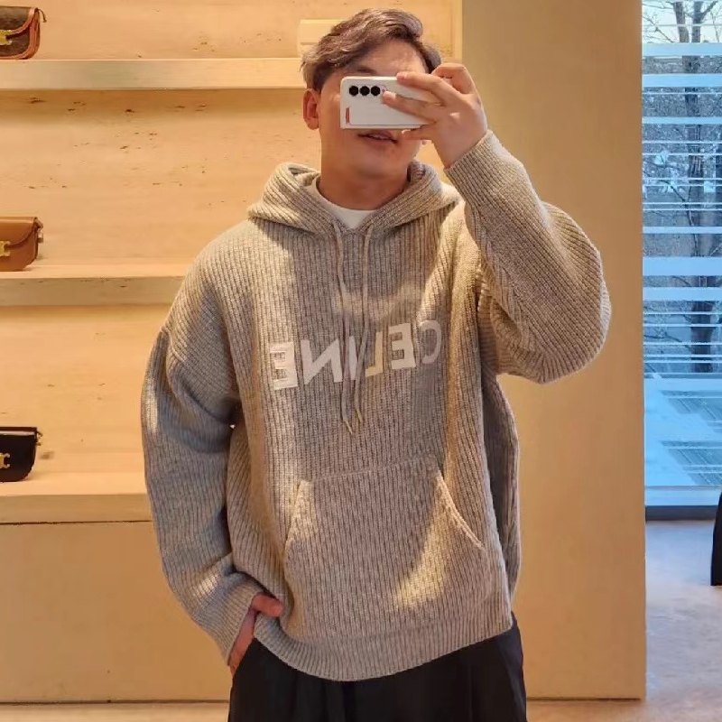 NIGO Celine Men's and Women's Autumn/Winter Grey Ribbed Wool Knit Hooded Sweatshirt Pullover #nigo97672