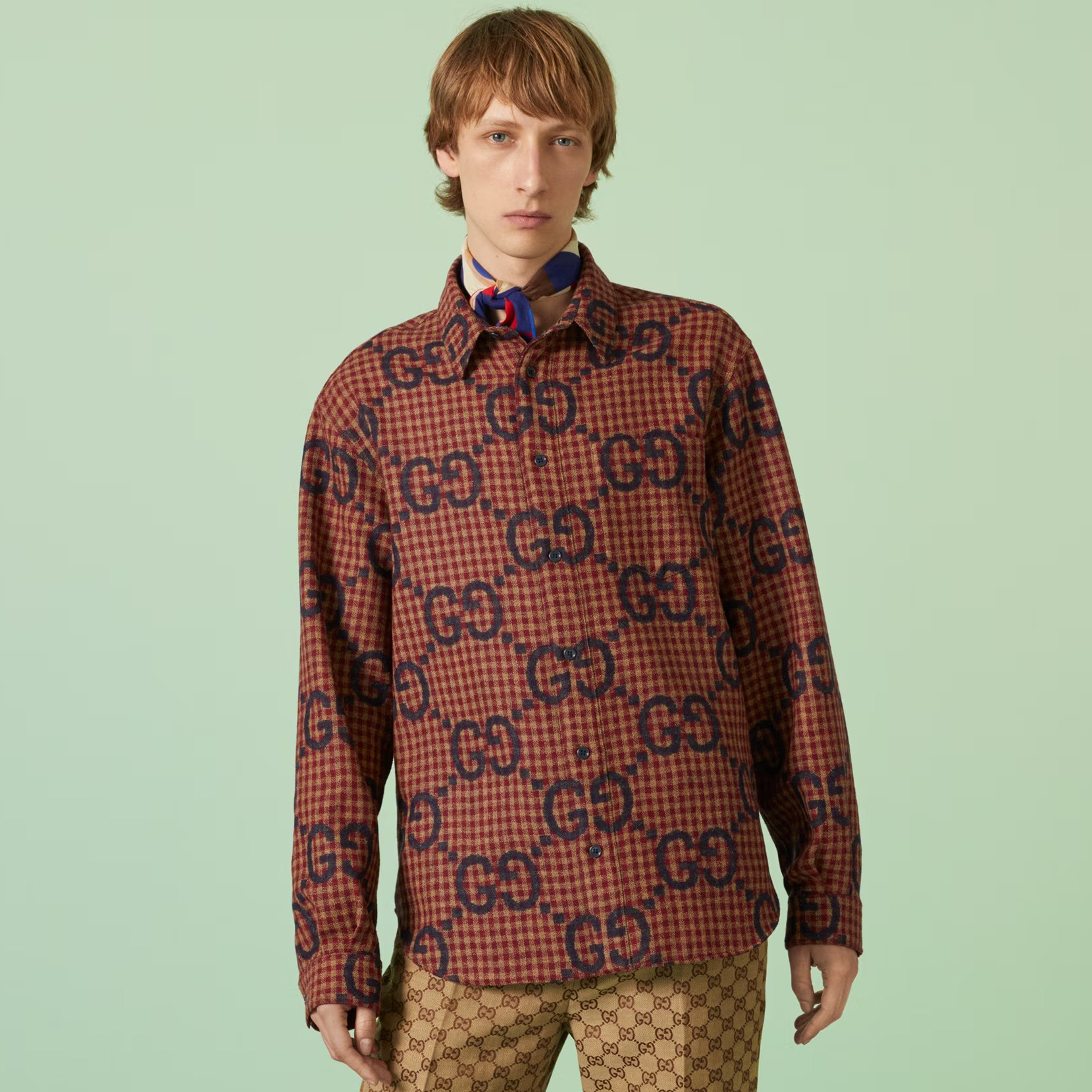 NIGO Gucci Men's Autumn Brown Check Printed Lapel Single Breasted Long Sleeve Shirt #nigo97678