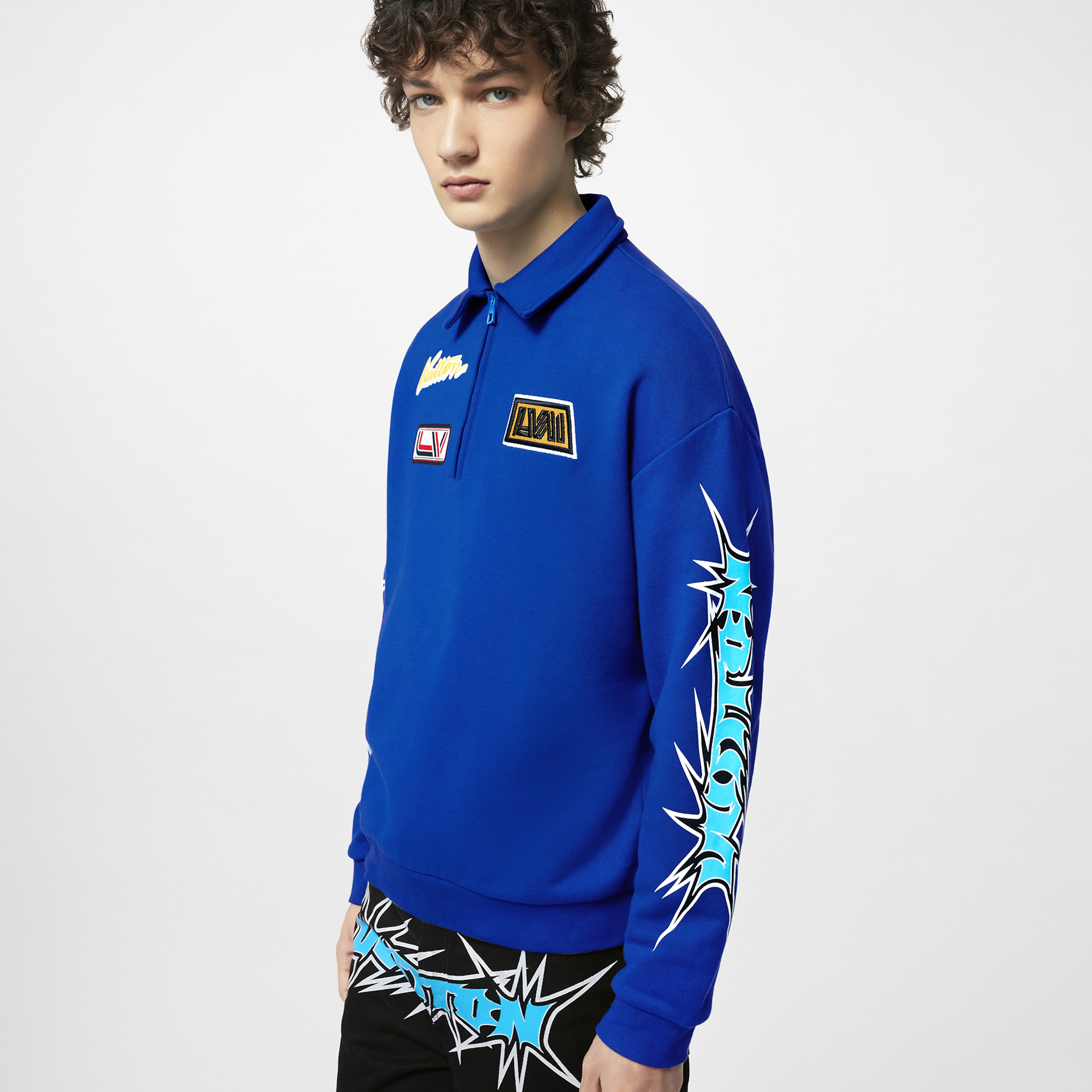 NIGO Louis Vuitton Men's Autumn Winter Blue Letter Graffiti Print Long Sleeve Half-Zipped Cotton Sweatshirt Pullover #nigo97676