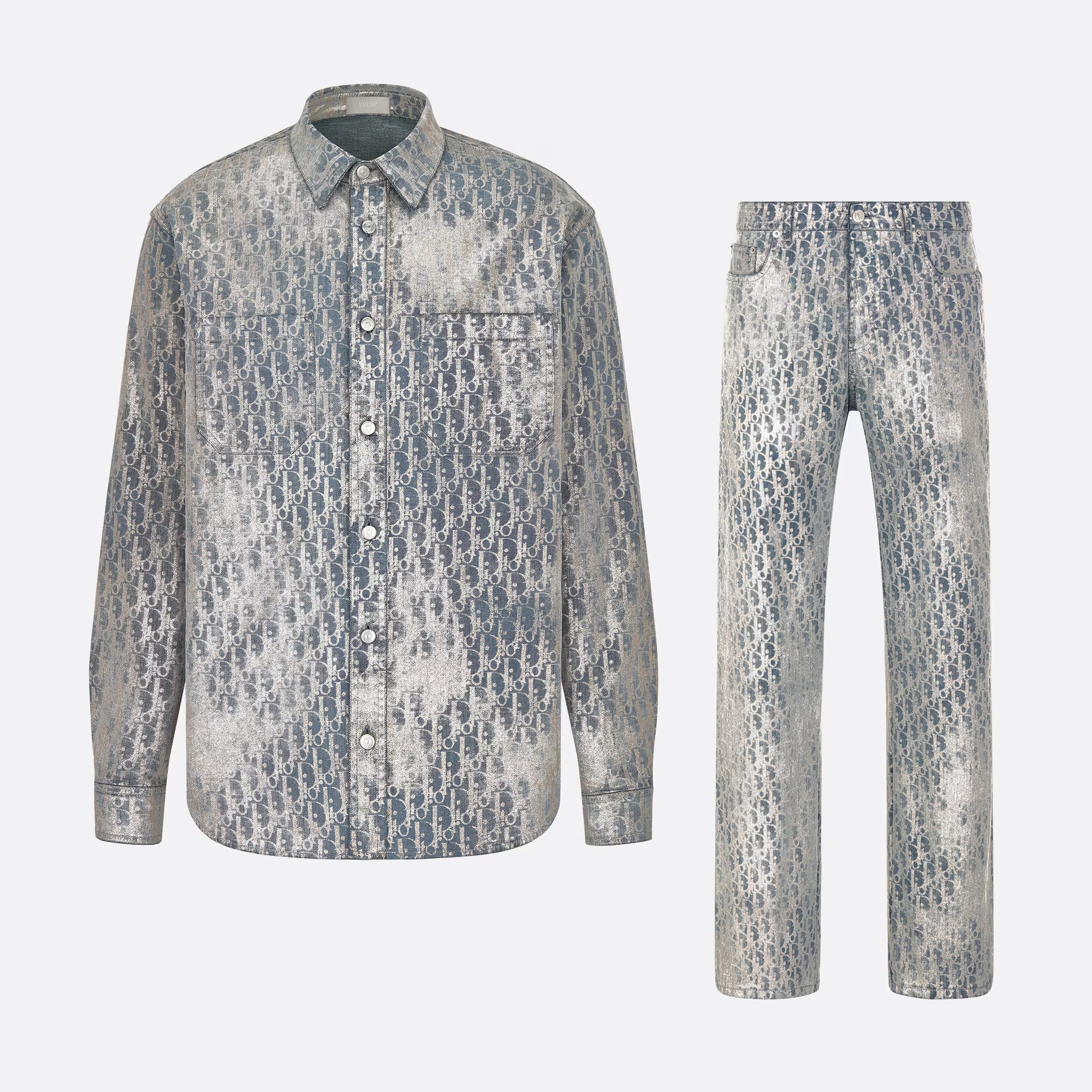 NIGO Dior Men's Autumn And Winter Grey Logo Full Print Old Single-Breasted Long-Sleeved Shirt Pants Suit Set #nigo97715