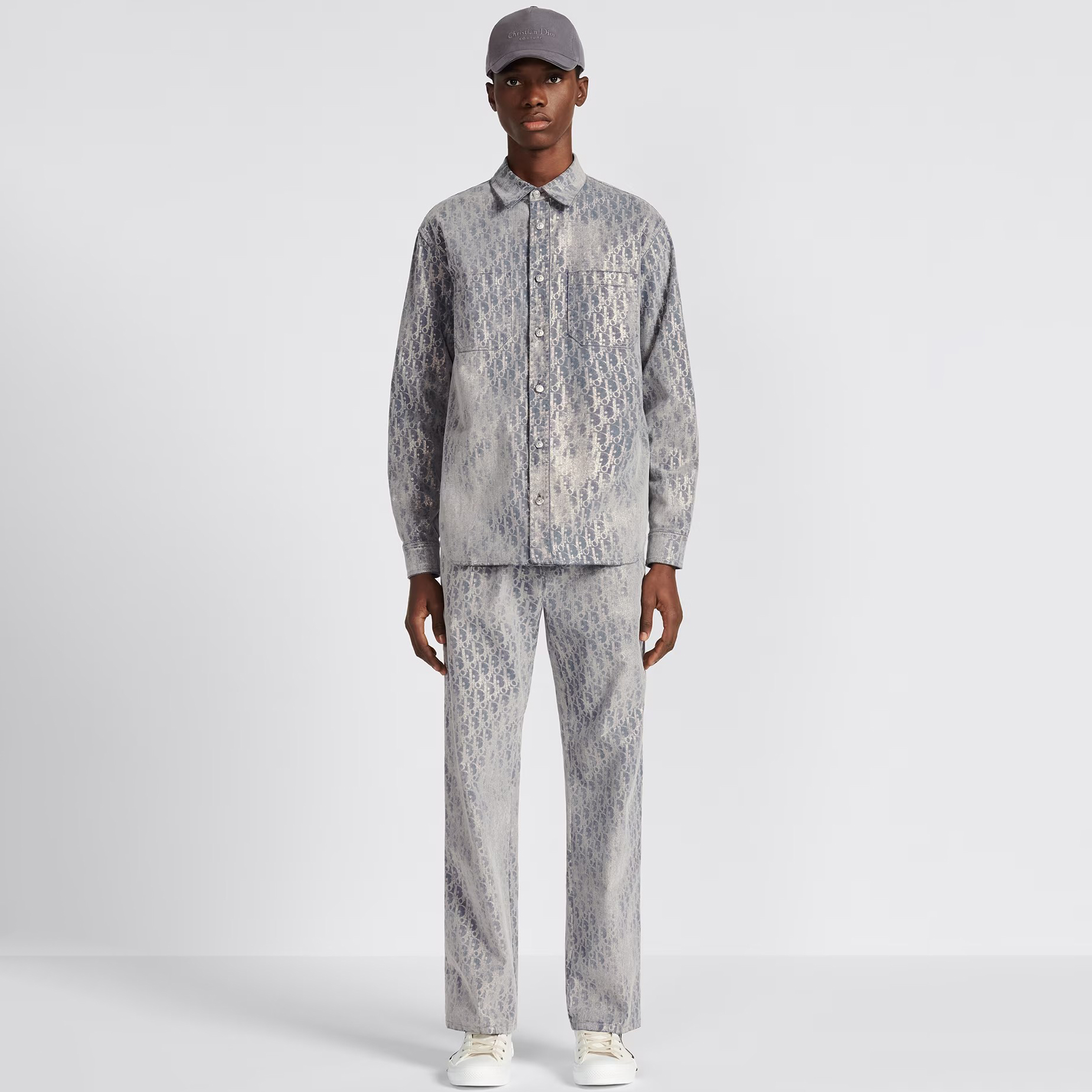 NIGO Dior Men's Autumn And Winter Grey Logo Full Print Old Single-Breasted Long-Sleeved Shirt Pants Suit Set #nigo97715