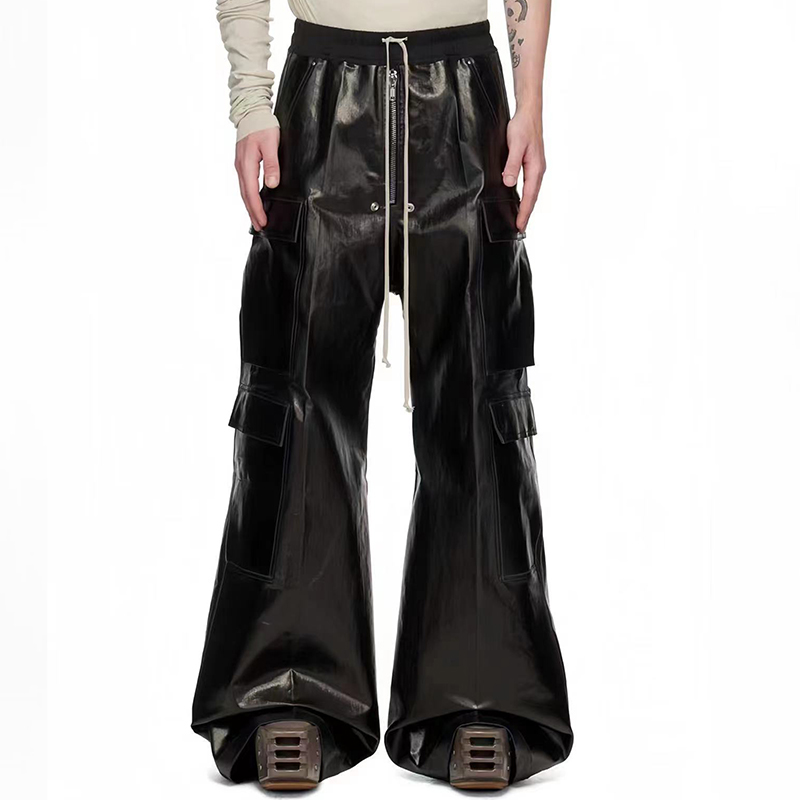 NIGO Rick Owens Men's Fashion Biker Retro Work Pants Zipper Drawstring Black Multi-pocket Loose Long Pants Ngvp #nigo7442