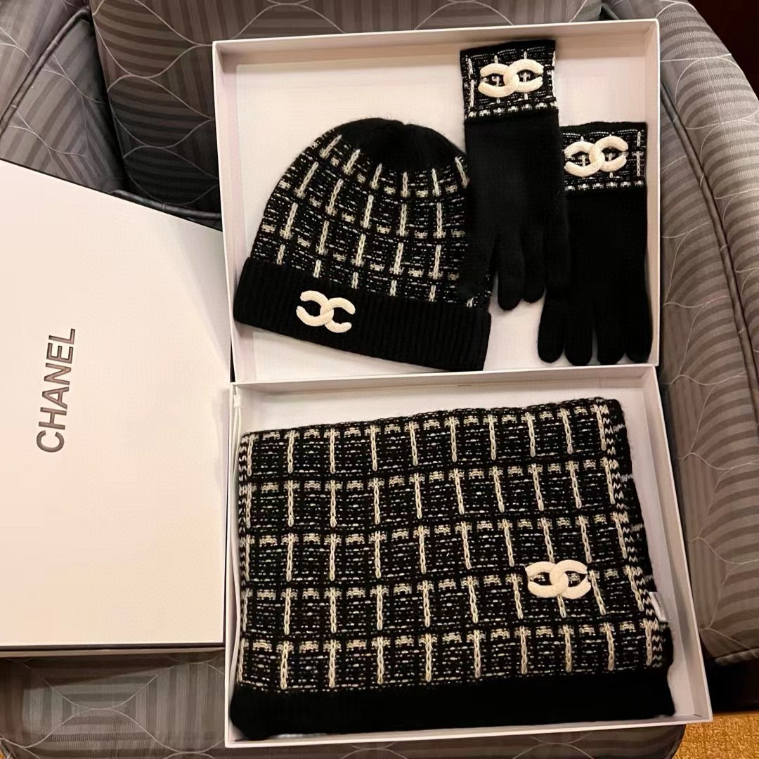 NIGO Chanel Women's Winter Black and White Check Wool Hat Gloves Scarf #nigo97725