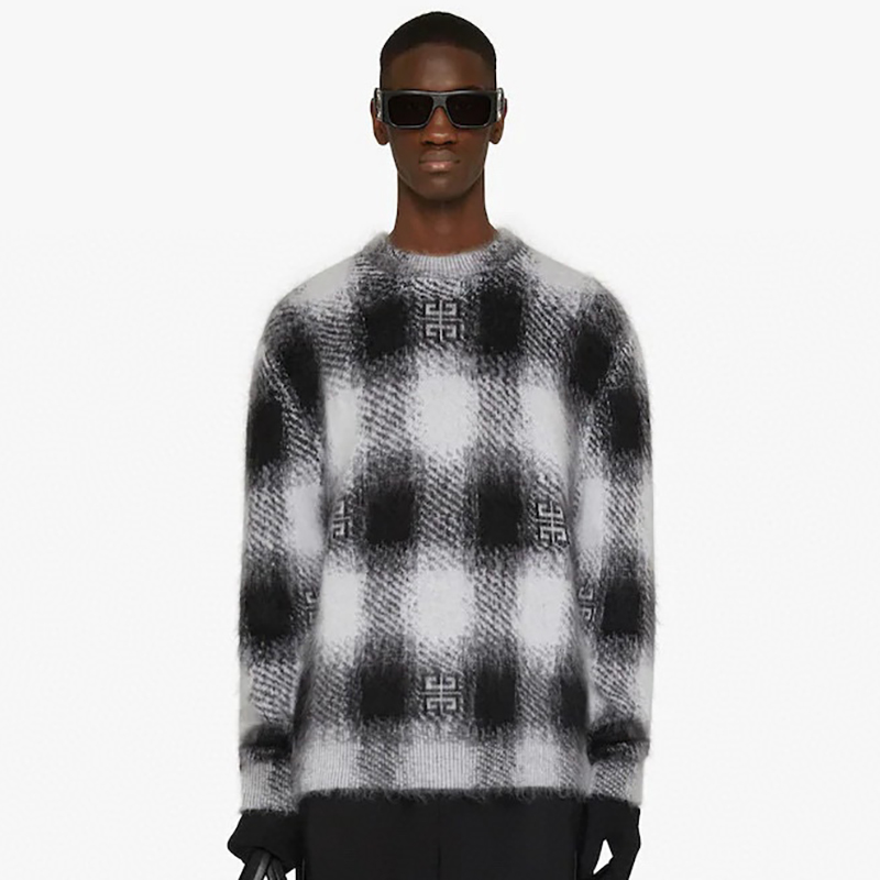 NIGO Givenchy Men's Autumn Black and White Check Mohair Cotton Knit Pullover Sweater #nigo97723