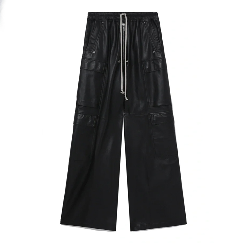 NIGO Rick Owens Men's Fashion Biker Retro Work Pants Zipper Drawstring Black Multi-pocket Loose Long Pants Ngvp #nigo7442