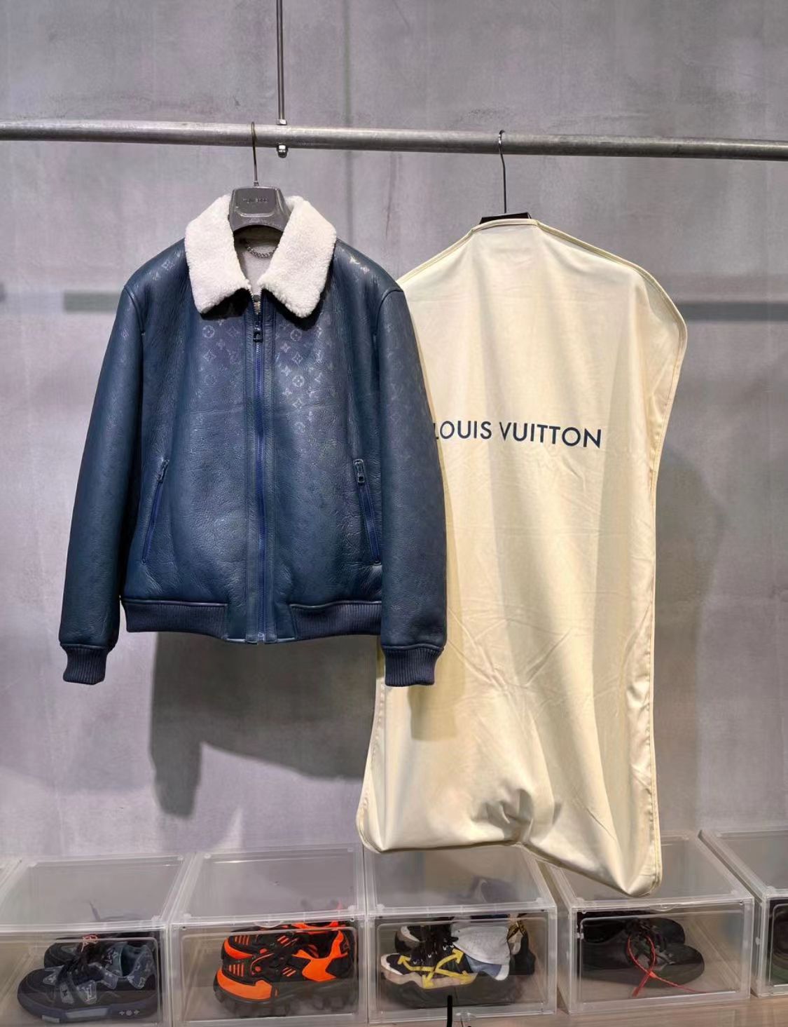 NIGO Louis Vuitton Men's Winter Wool Lining Blue Dark Logo Print Leather Zip Jacket #nigo97752