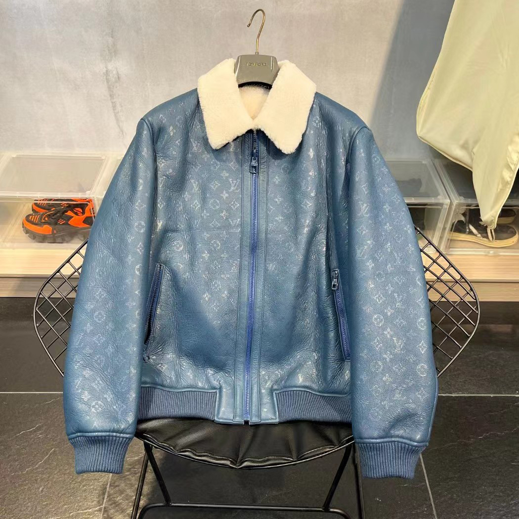 NIGO Louis Vuitton Men's Winter Wool Lining Blue Dark Logo Print Leather Zip Jacket #nigo97752