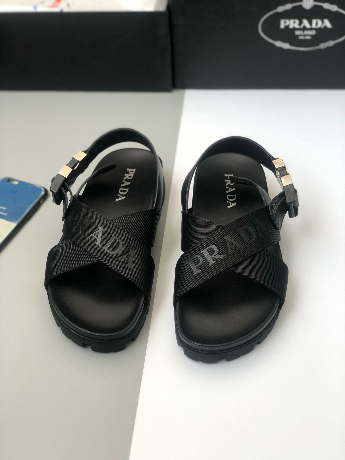 NIGO Prada Men's Summer Black Leather And Nylon Tape Crisscross Sandals Shoes #nigo97755