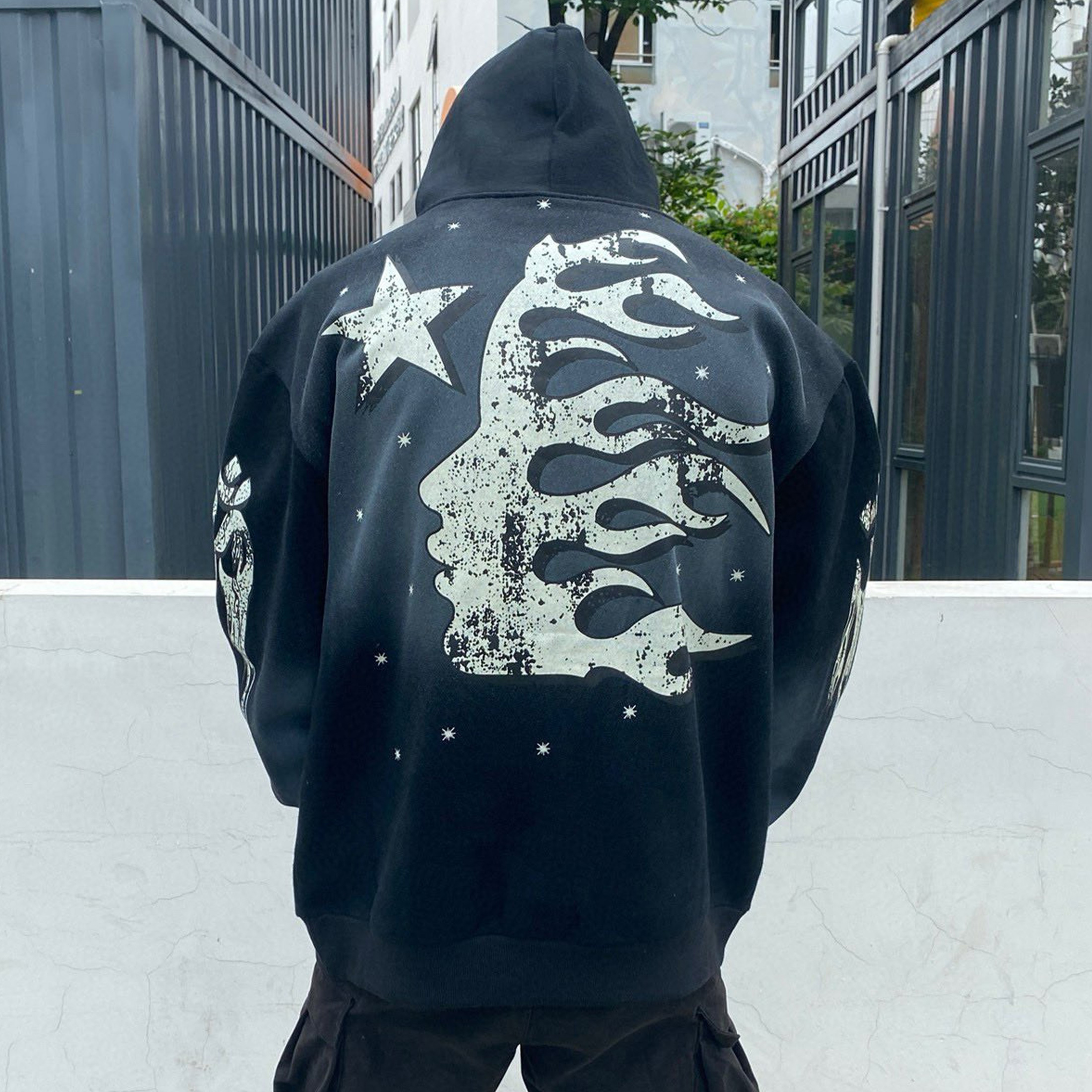 NIGO Hellstar Men's Spring and Autumn Solid Color Graffiti Washed High Street Padded Retro Hooded Long Sleeve Loose Sweats Ngvp #nigo7498