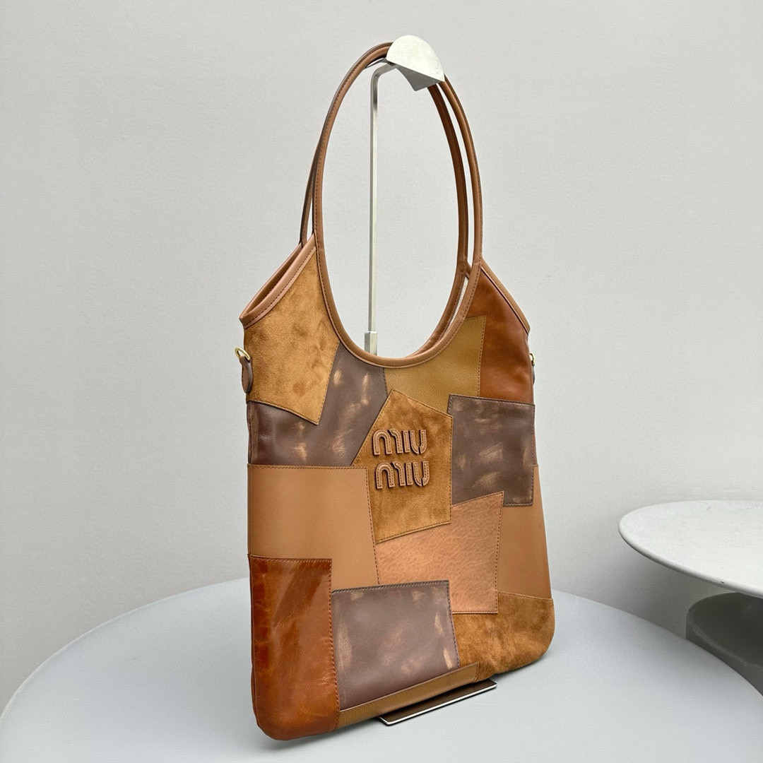 NIGO MiuMiu Women's Khaki Patch Pattern Suede Leather Patchwork Tote Bag #nigo97784