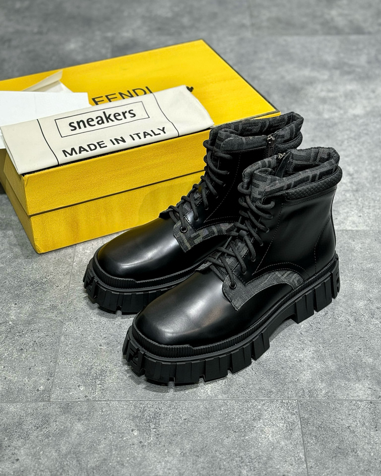 NIGO Fendi Men's Black Canvas Leather Patchwork Lace Up Ankle Boots High Top Shoes #nigo97782